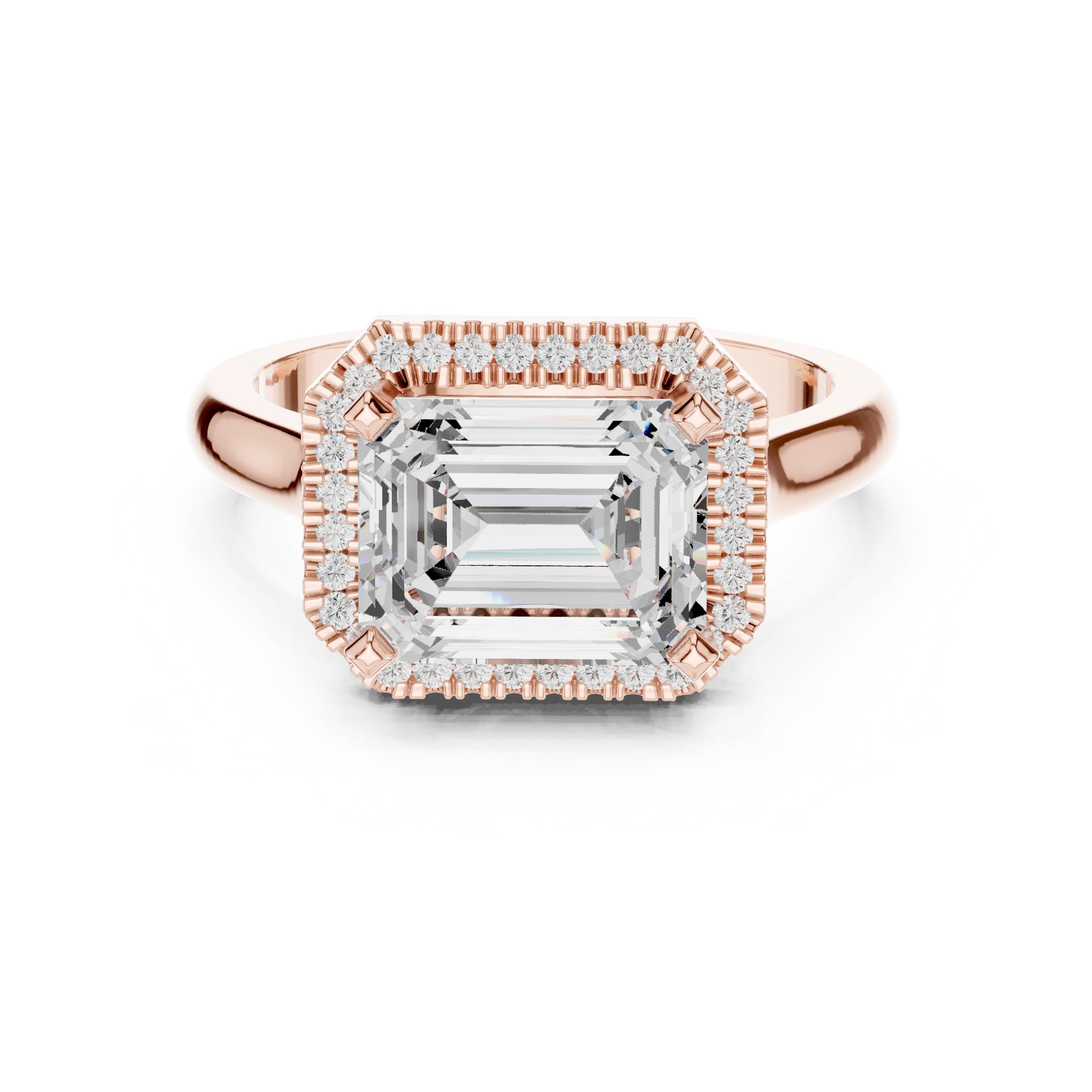 Emerald Cut East-West Halo Engagement Ring in Rose Gold - VYKA Diamonds
