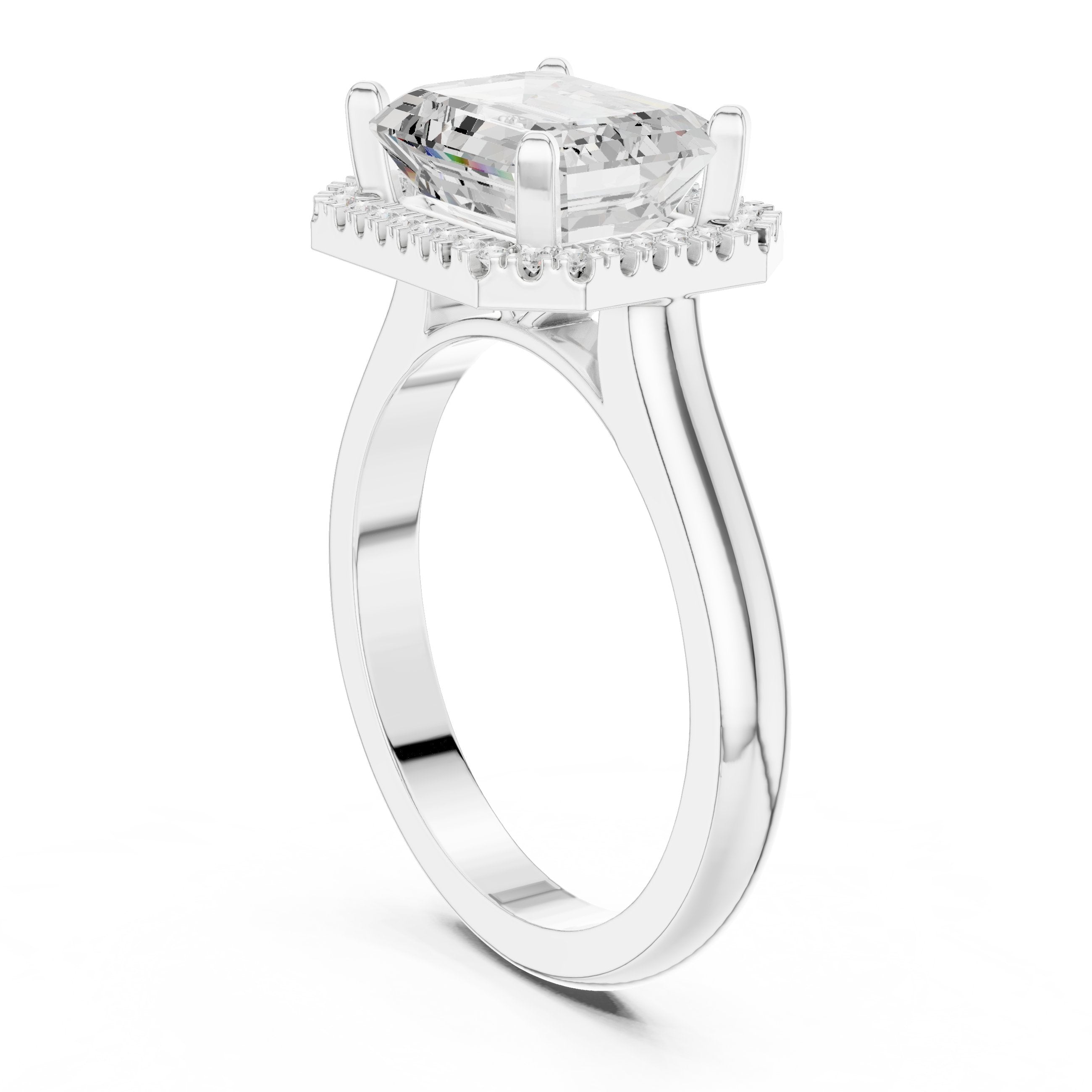 Emerald Cut East-West Halo Engagement Ring in White Gold - VYKA Diamonds