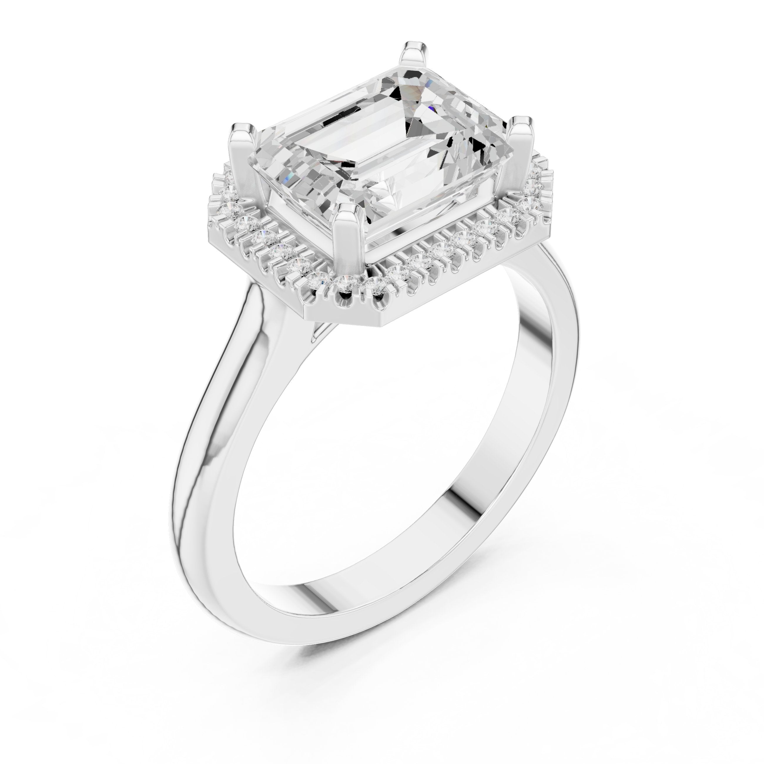Emerald Cut East-West Halo Engagement Ring in White Gold - VYKA Diamonds