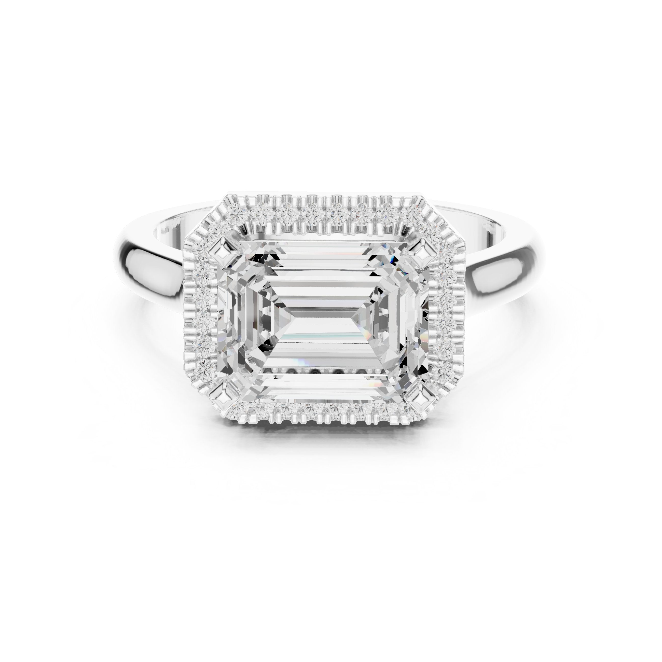 Emerald Cut East-West Halo Engagement Ring in White Gold - VYKA Diamonds