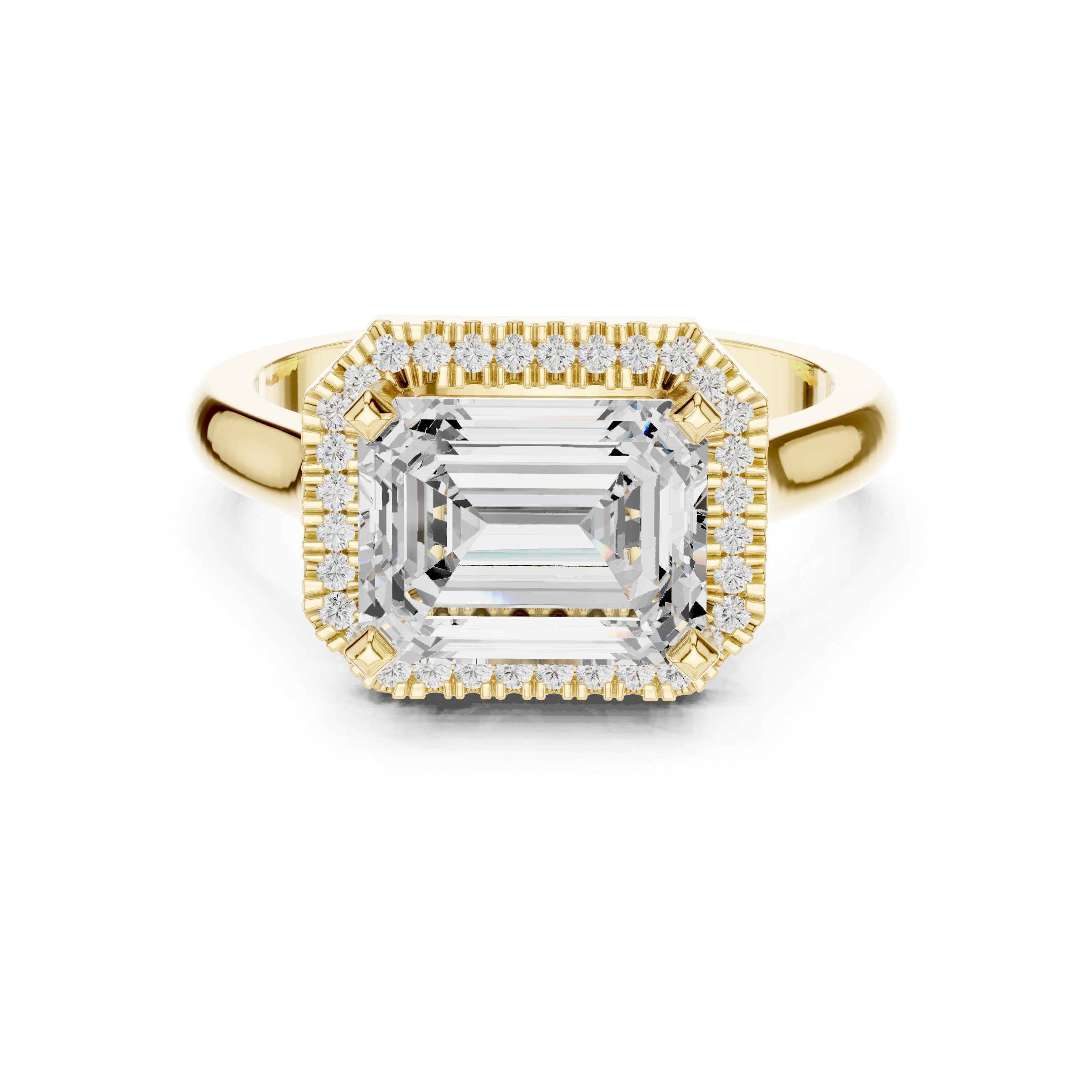 Emerald Cut East-West Halo Engagement Ring in Yellow Gold - VYKA Diamonds