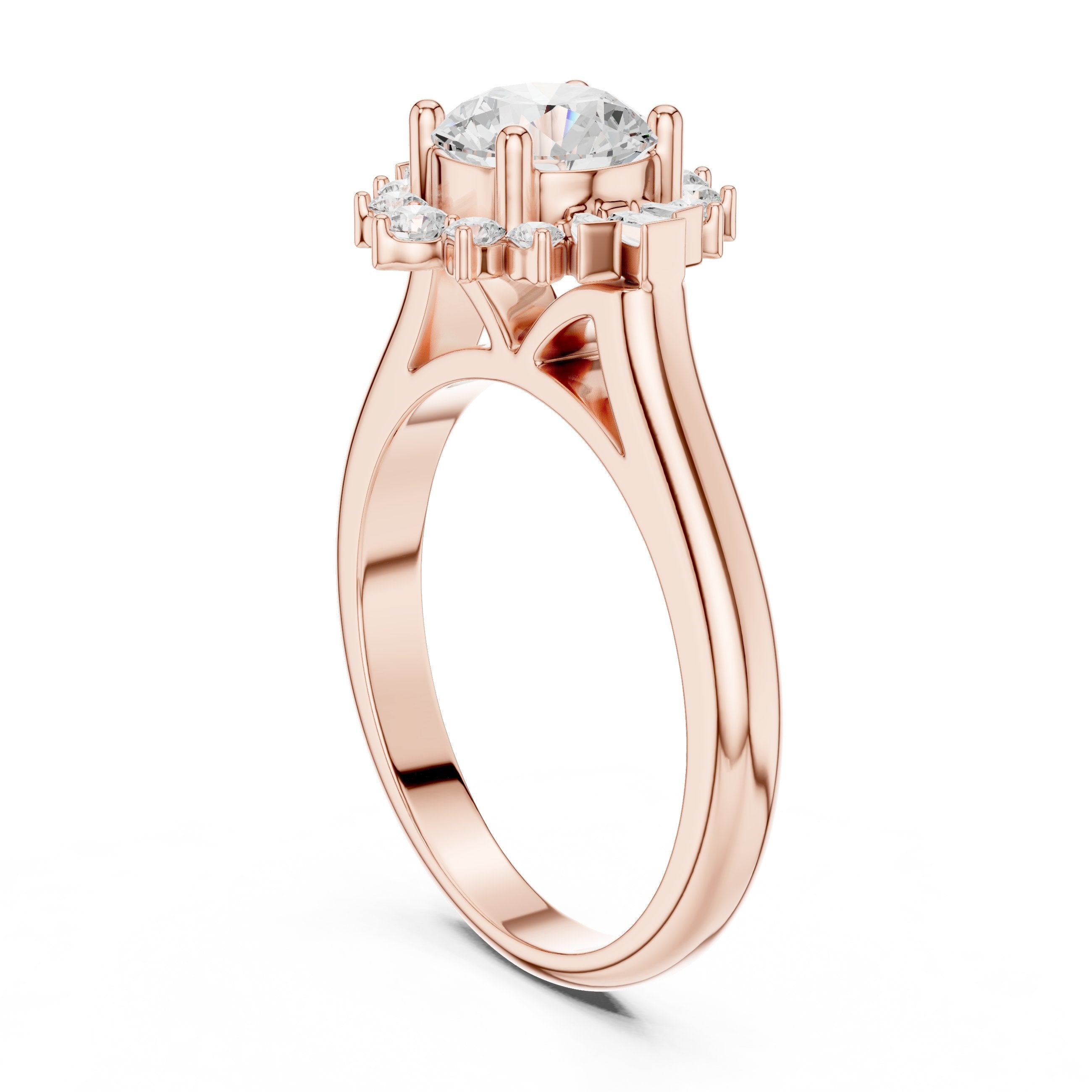 Round Diamond Snowflake Halo Engagement Ring in Rose Gold - VYKA Diamonds