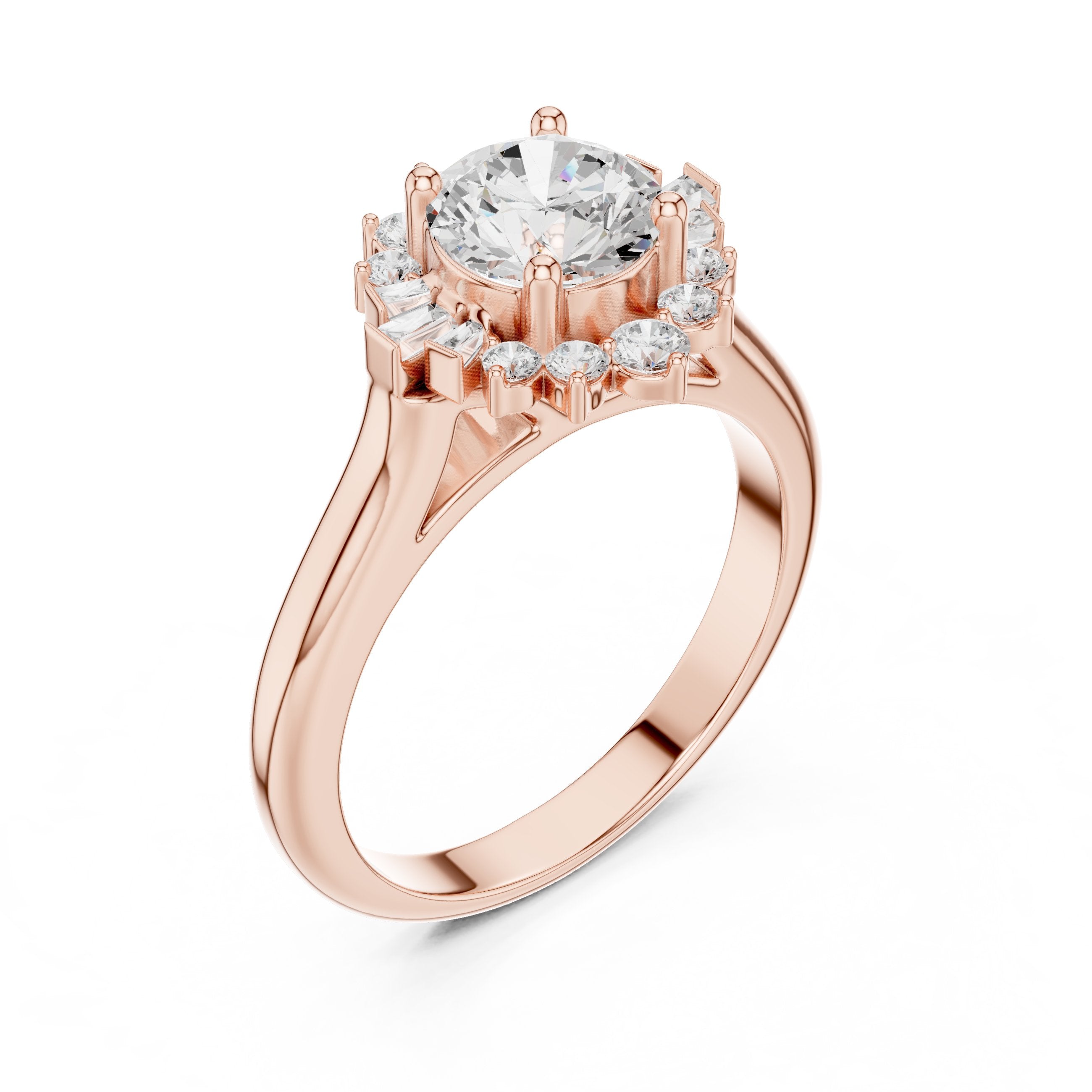 Round Diamond Snowflake Halo Engagement Ring in Rose Gold - VYKA Diamonds