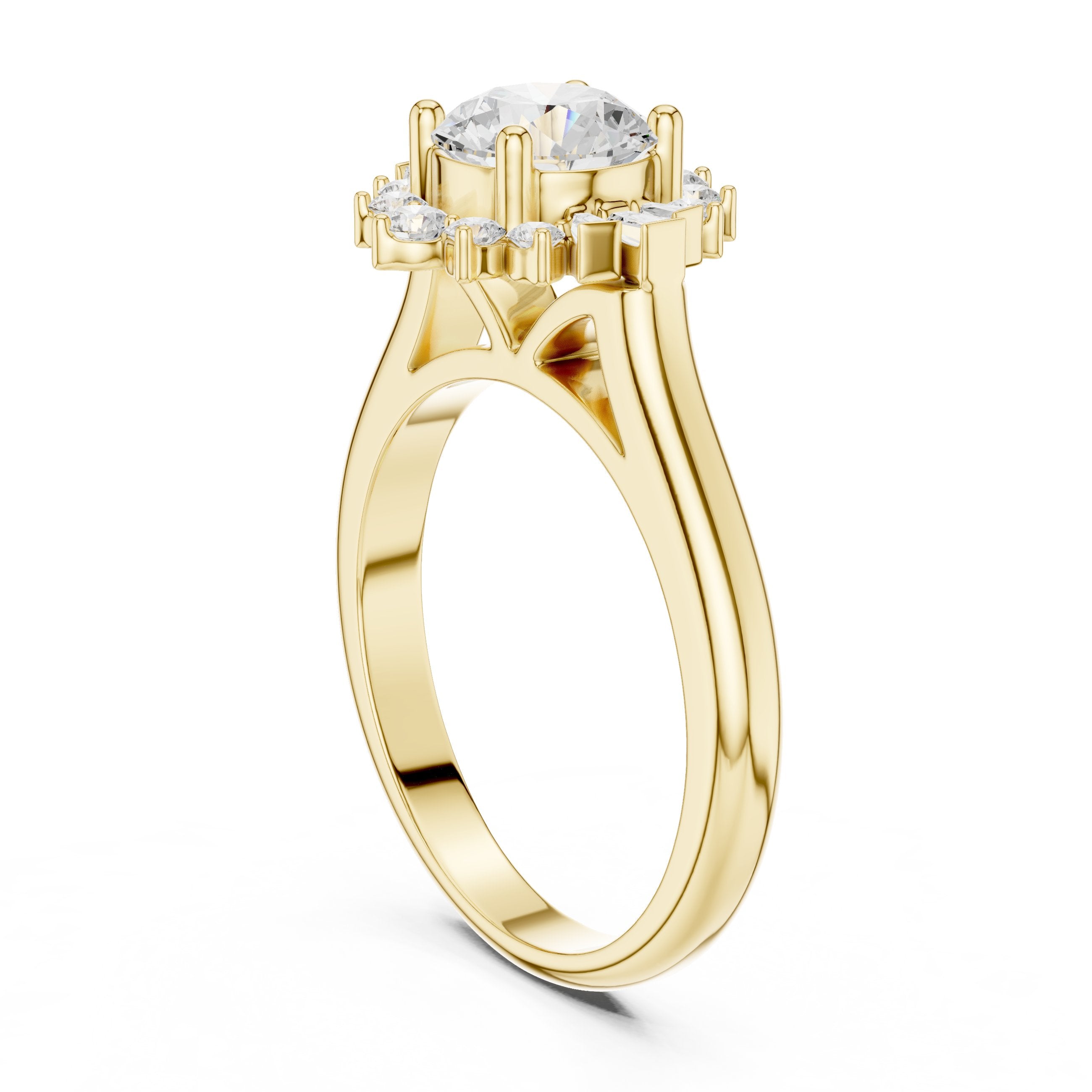 Round Diamond Snowflake Halo Engagement Ring in Yellow Gold - VYKA Diamonds