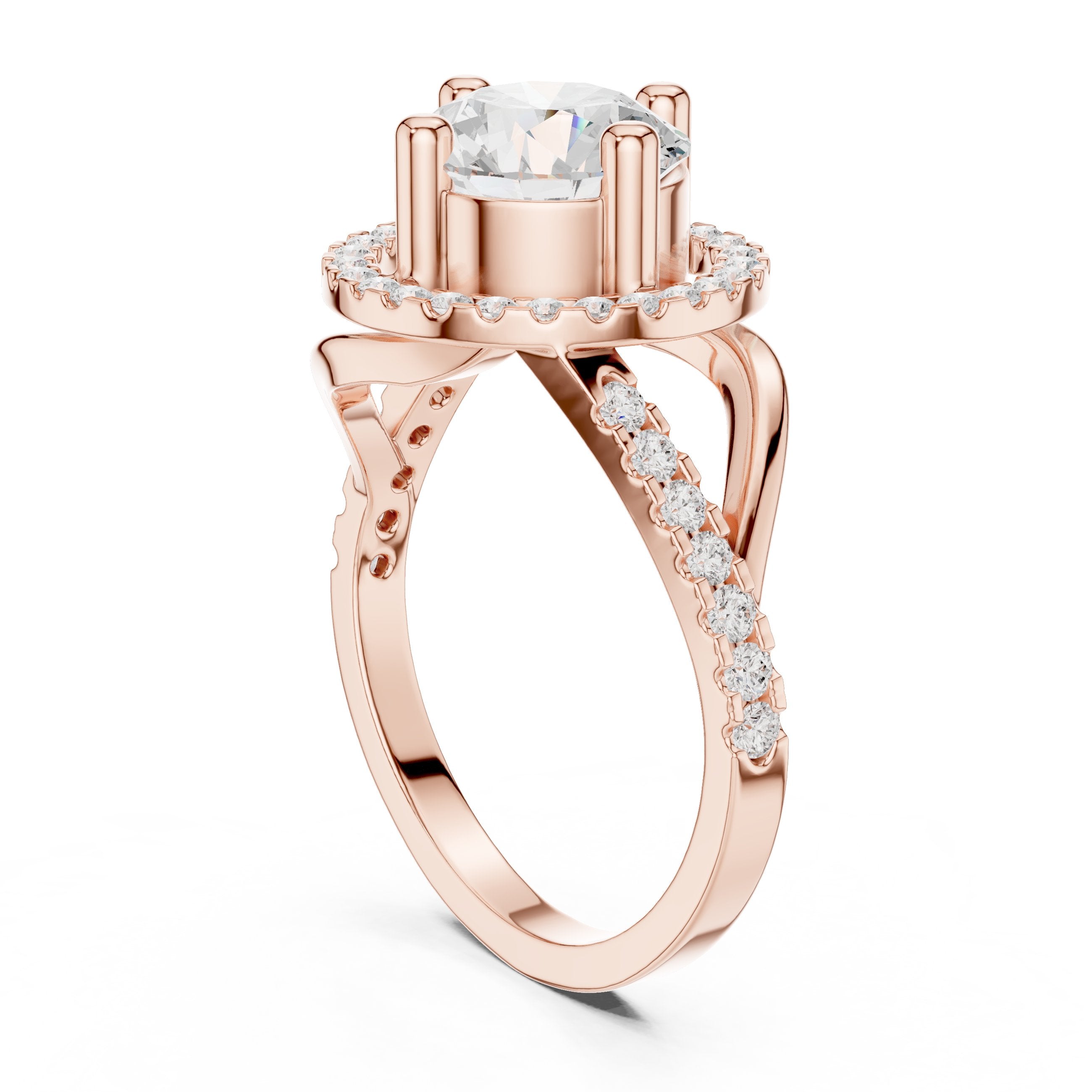 Round Diamond Sculpted Halo Engagement Ring with Crossover Pavé Shank in Rose Gold - VYKA Diamonds