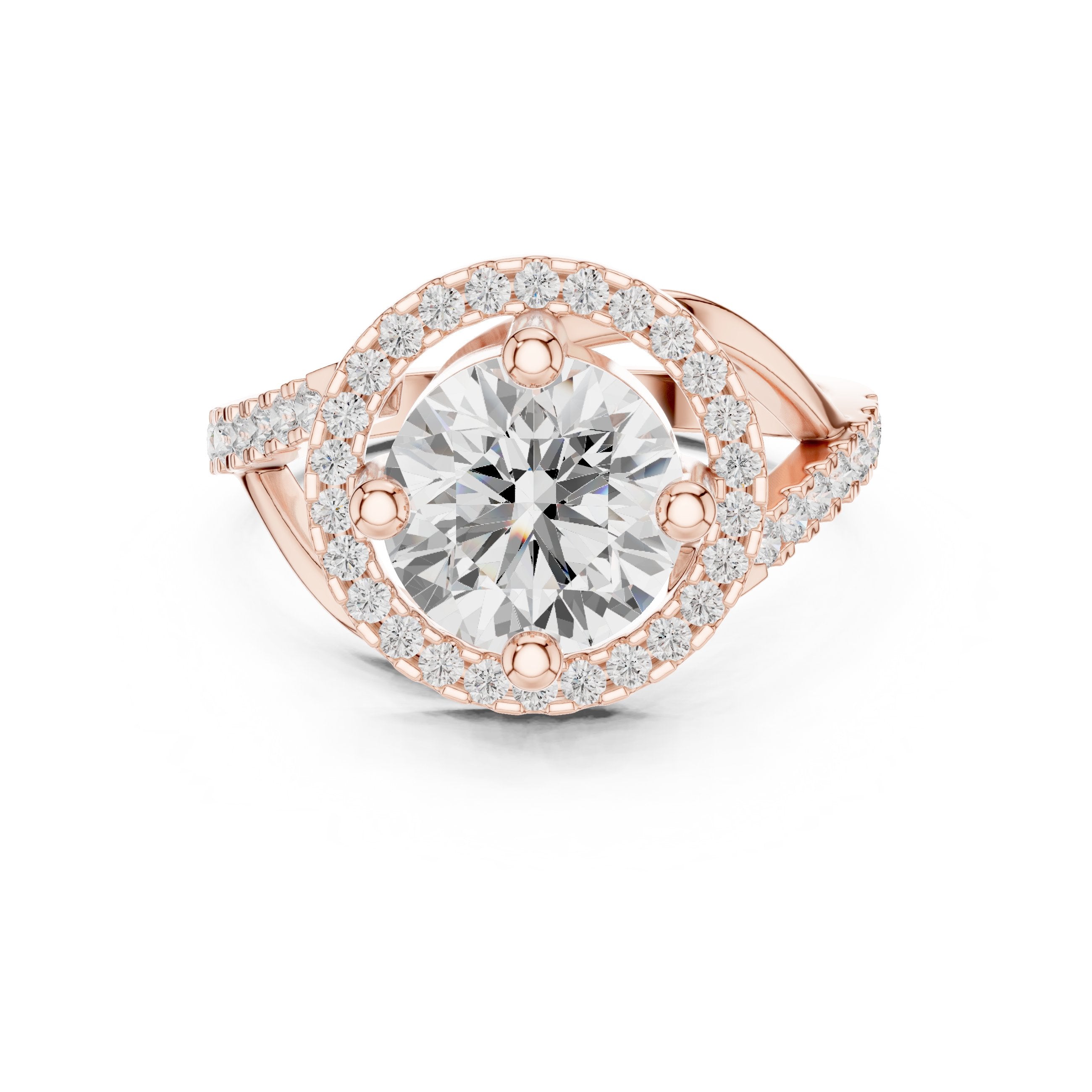 Round Diamond Sculpted Halo Engagement Ring with Crossover Pavé Shank in Rose Gold - VYKA Diamonds