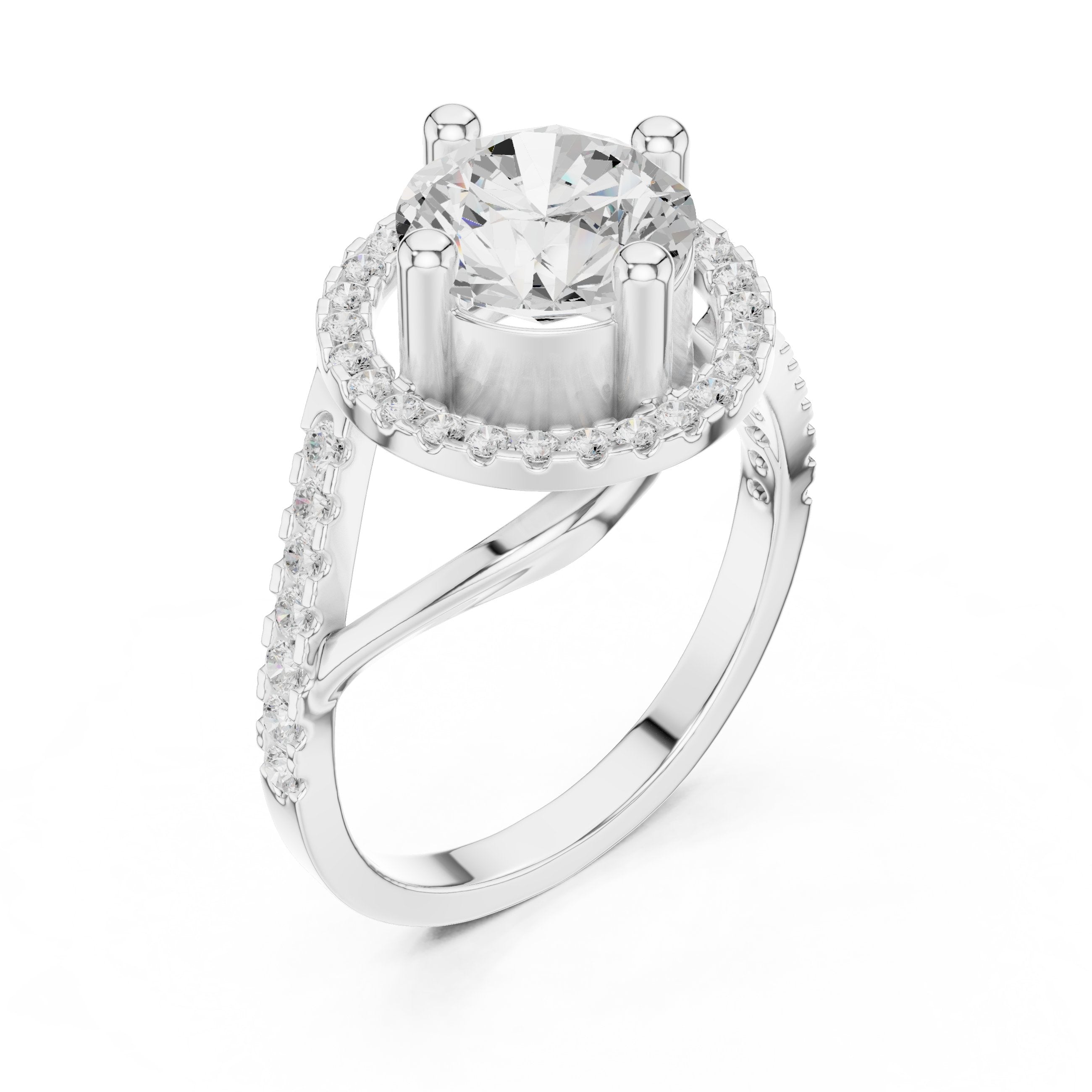 Round Diamond Sculpted Halo Engagement Ring with Crossover Pavé Shank in White Gold - VYKA Diamonds