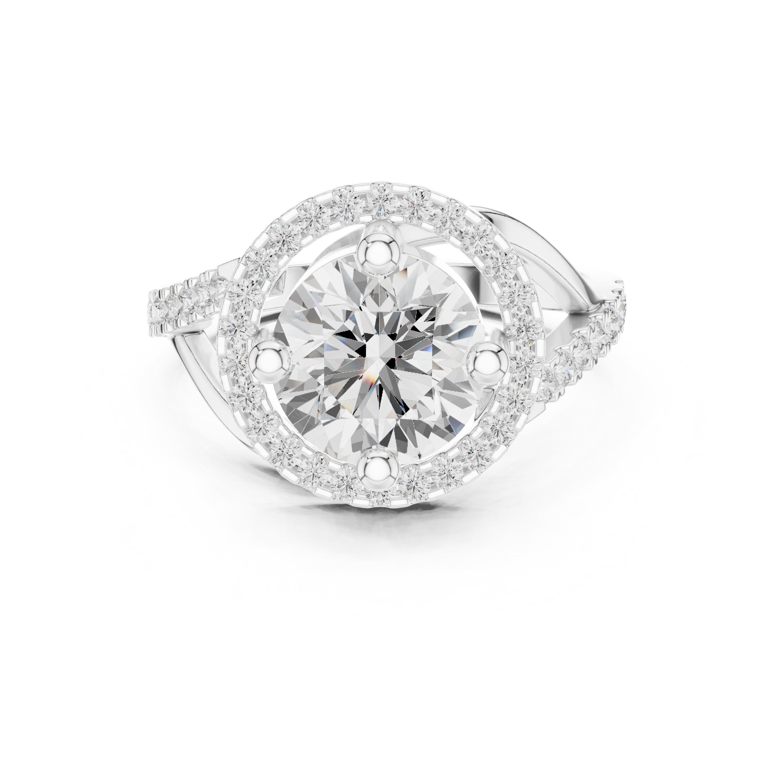 Round Diamond Sculpted Halo Engagement Ring with Crossover Pavé Shank in White Gold - VYKA Diamonds