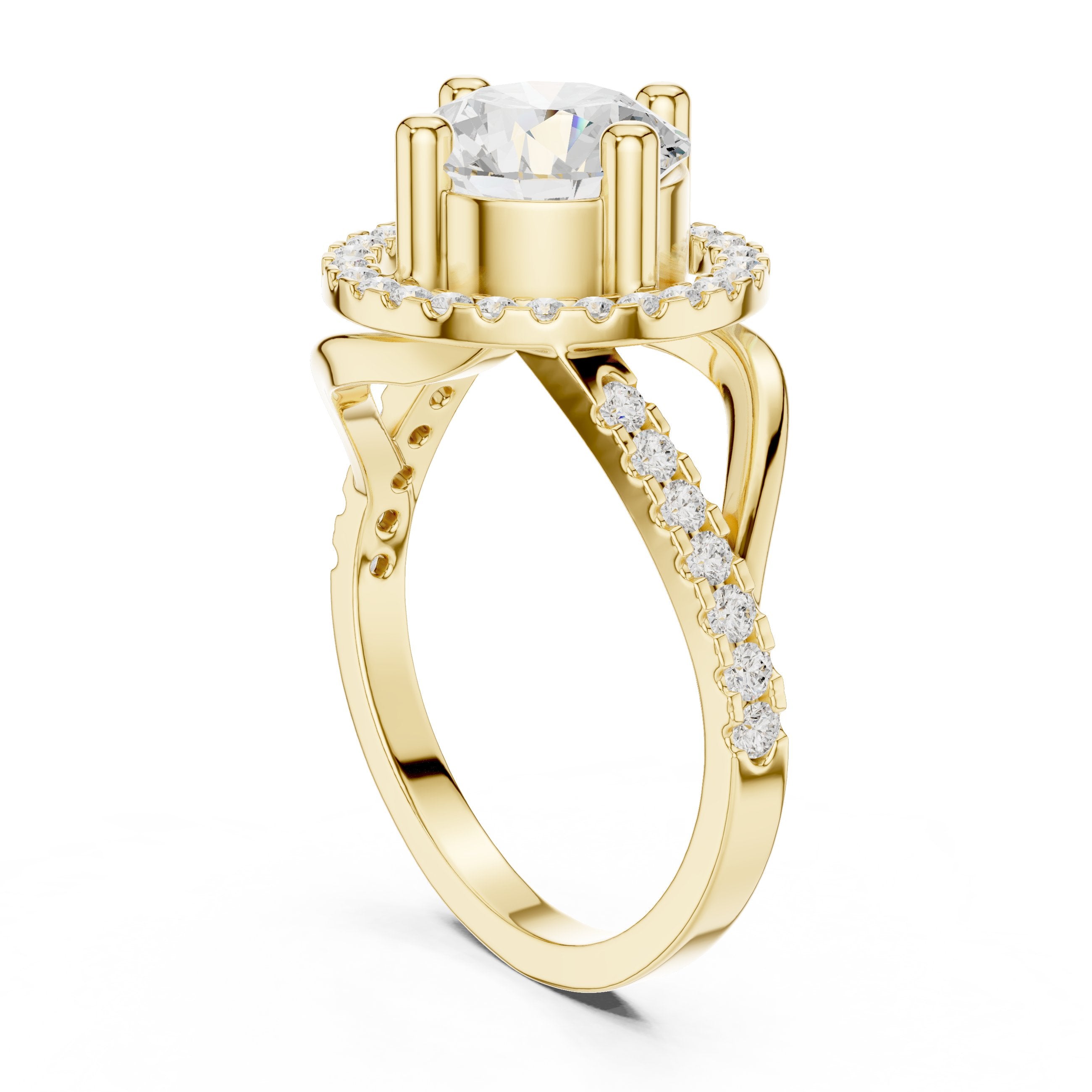 Round Diamond Sculpted Halo Engagement Ring with Crossover Pavé Shank in Yellow Gold - VYKA Diamonds