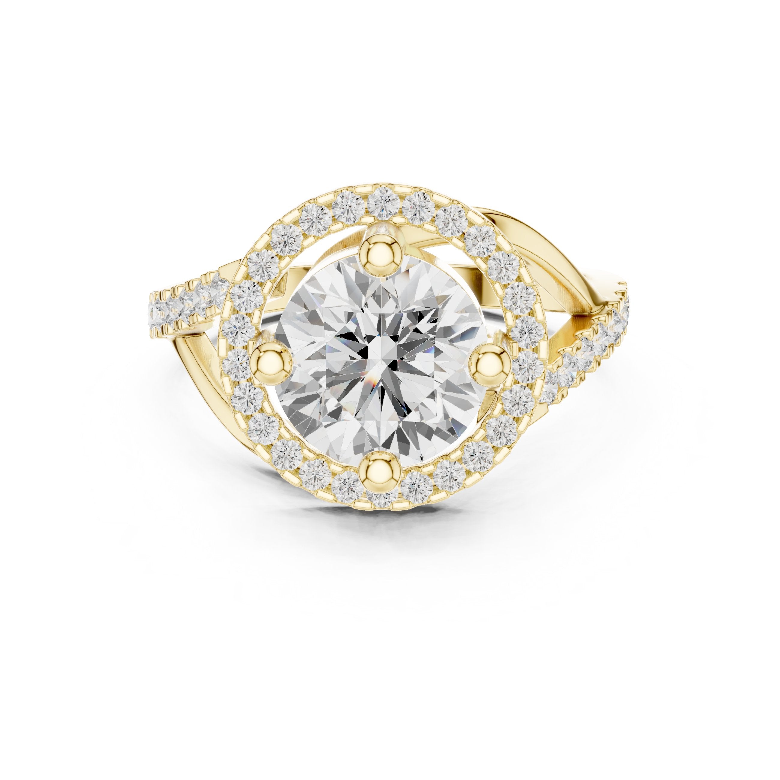 Round Diamond Sculpted Halo Engagement Ring with Crossover Pavé Shank in Yellow Gold - VYKA Diamonds