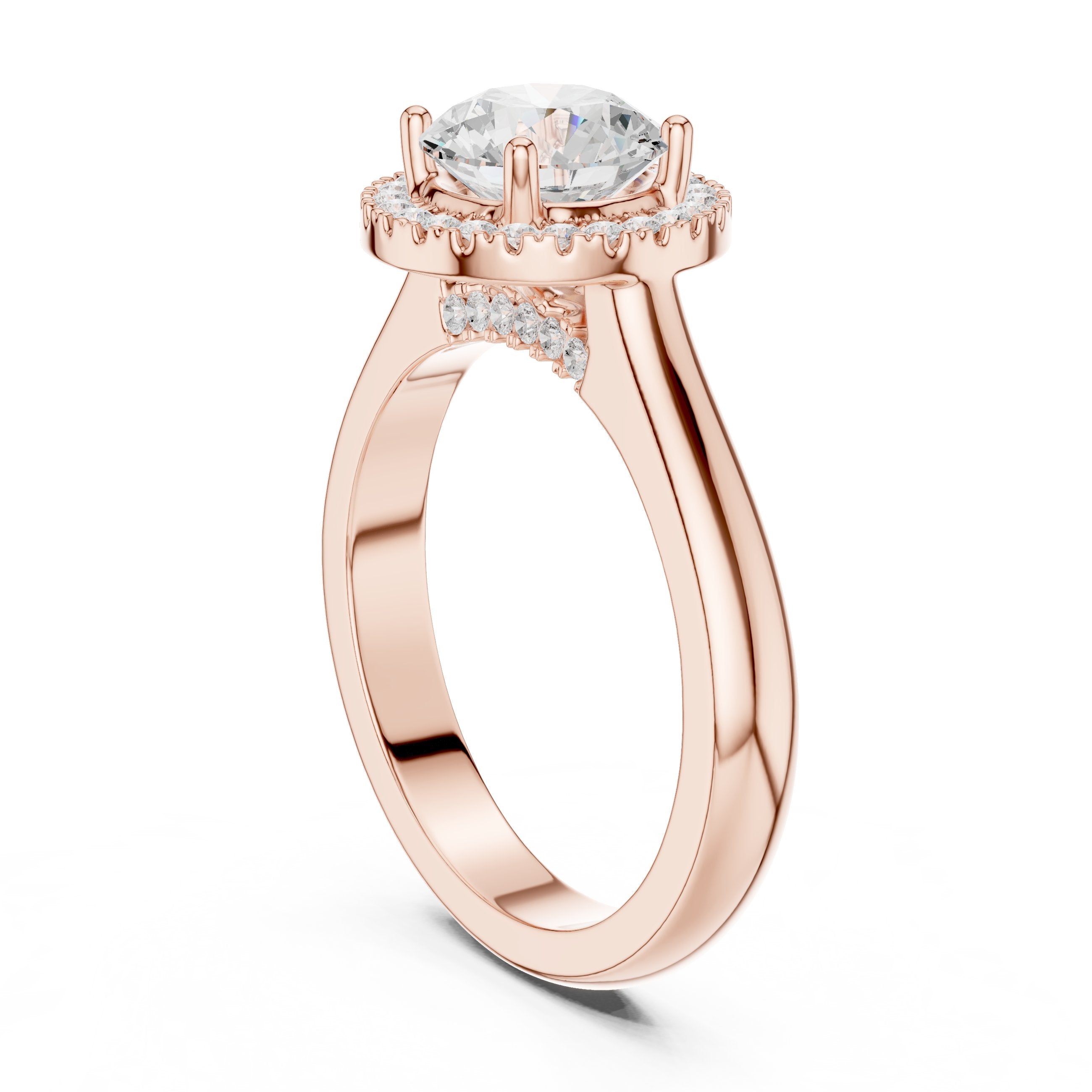 Round Diamond Halo Engagement Ring with Pavé Band in Rose Gold - VYKA Diamonds