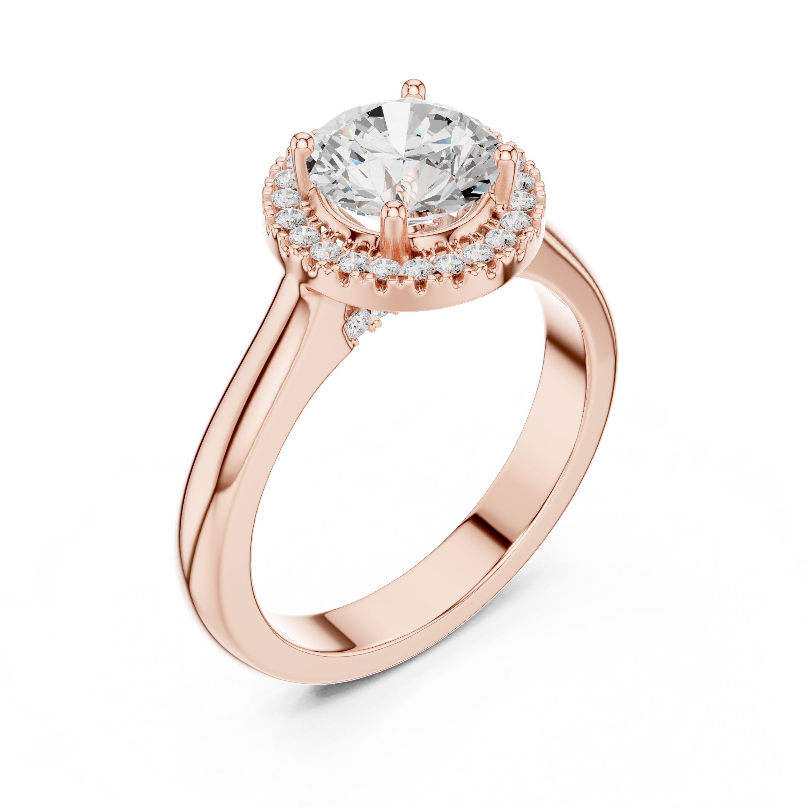Round Diamond Halo Engagement Ring with Pavé Band in Rose Gold - VYKA Diamonds
