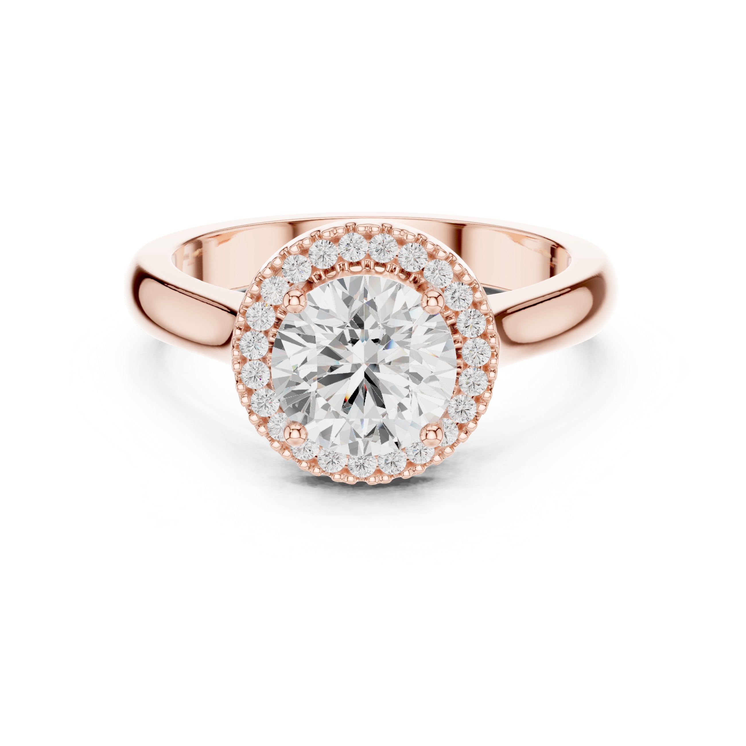 Round Diamond Halo Engagement Ring with Pavé Band in Rose Gold - VYKA Diamonds