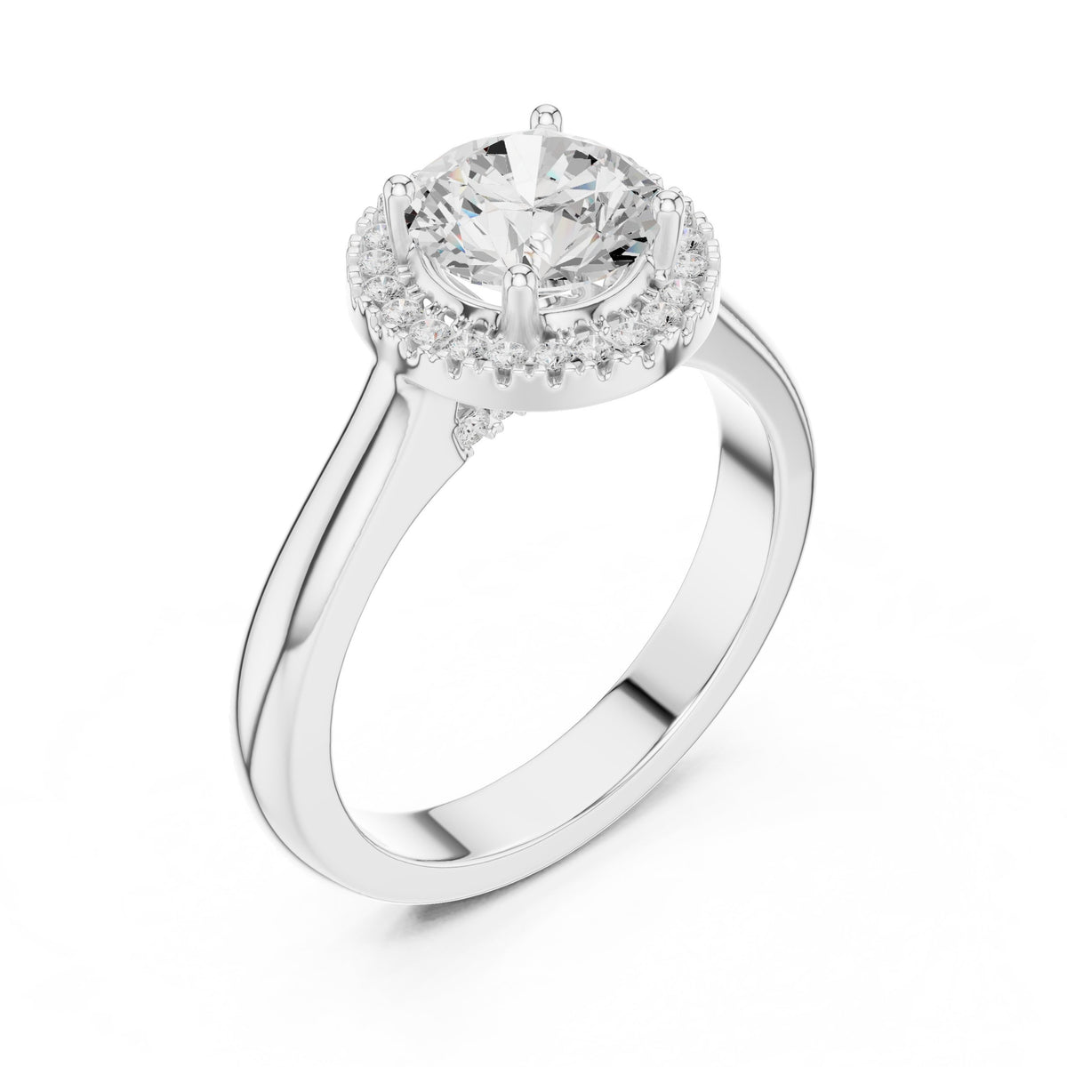 Round Diamond Halo Engagement Ring with Pavé Band