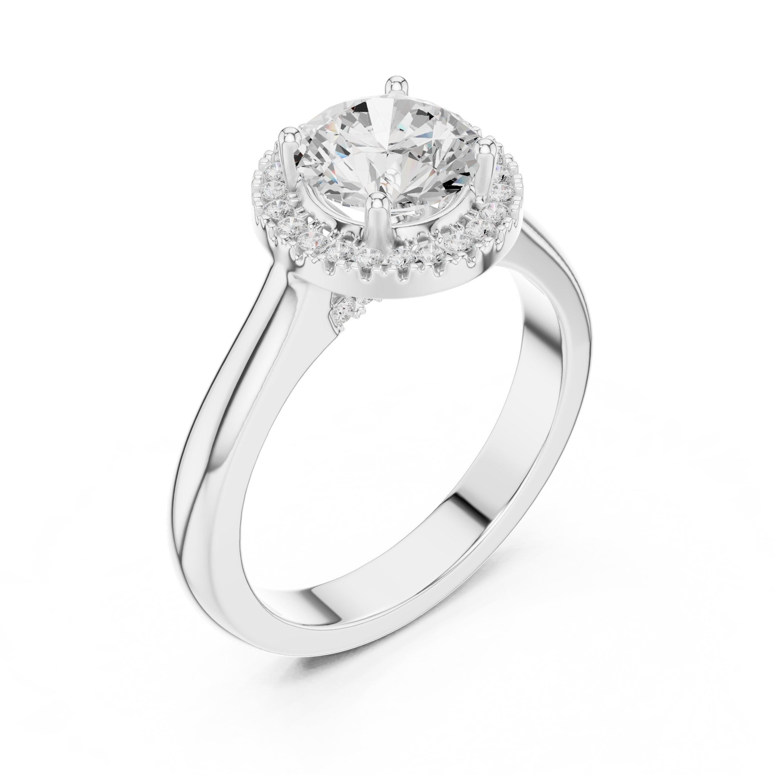 Round Diamond Halo Engagement Ring with Pavé Band in White Gold - VYKA Diamonds