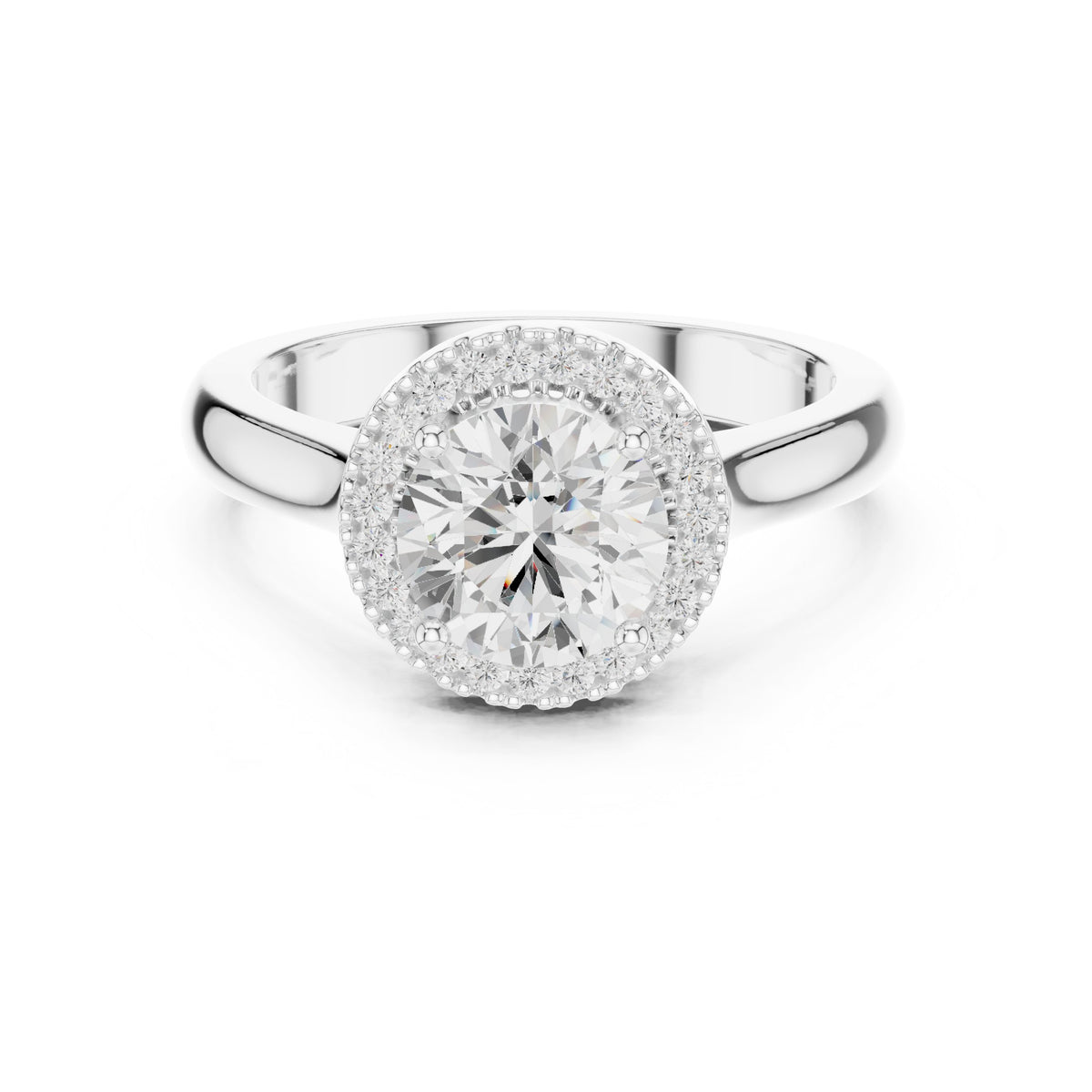 Round Diamond Halo Engagement Ring with Pavé Band