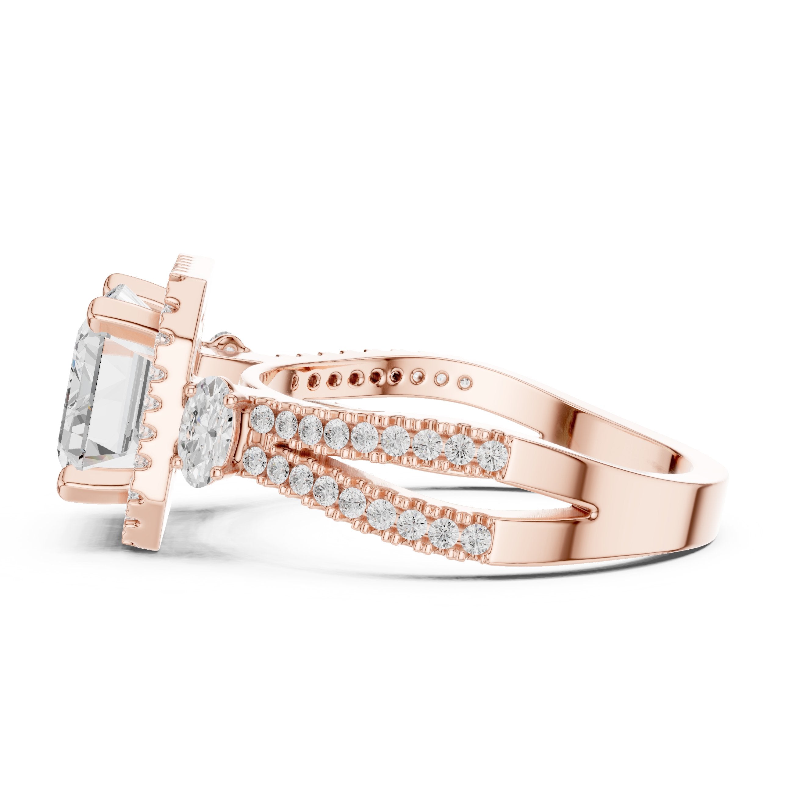 Emerald Cut Three Stone Halo Engagement Ring with Oval Sides and Split Shank Pavé Band in Rose Gold - VYKA Diamonds