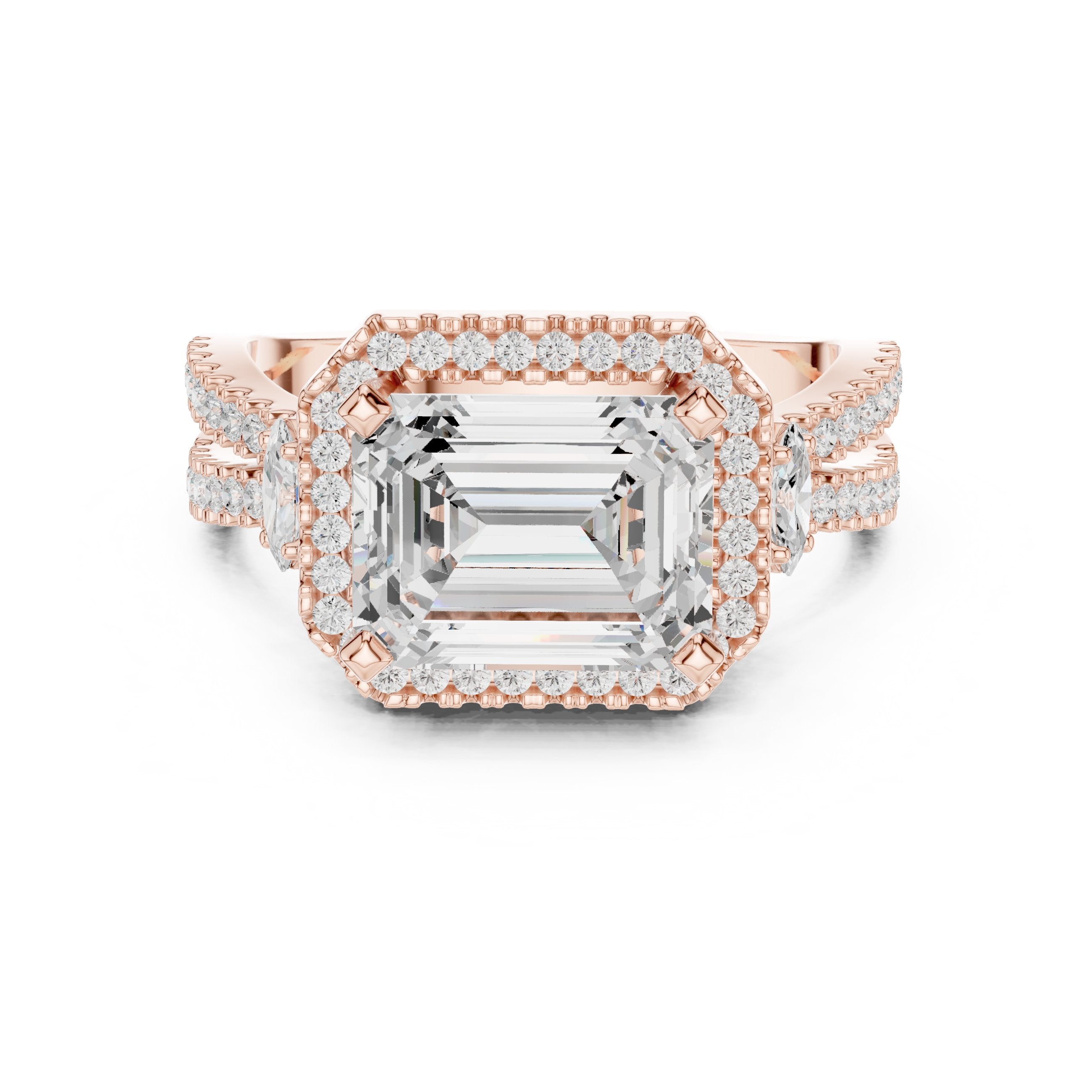 Emerald Cut Three Stone Halo Engagement Ring with Oval Sides and Split Shank Pavé Band in Rose Gold - VYKA Diamonds