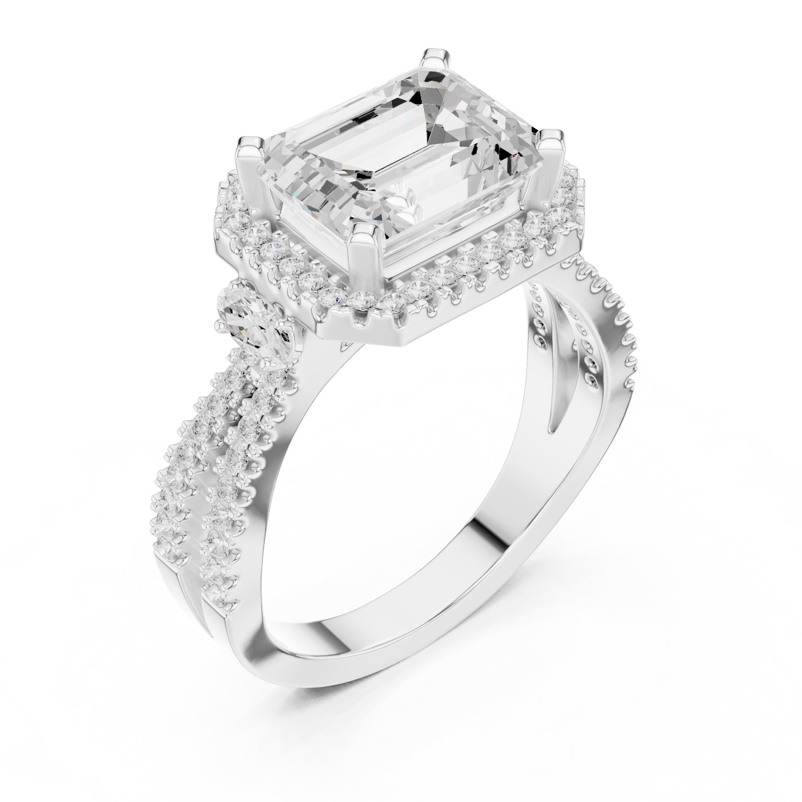 Emerald Cut Three Stone Halo Engagement Ring with Oval Sides and Split Shank Pavé Band in White Gold - VYKA Diamonds