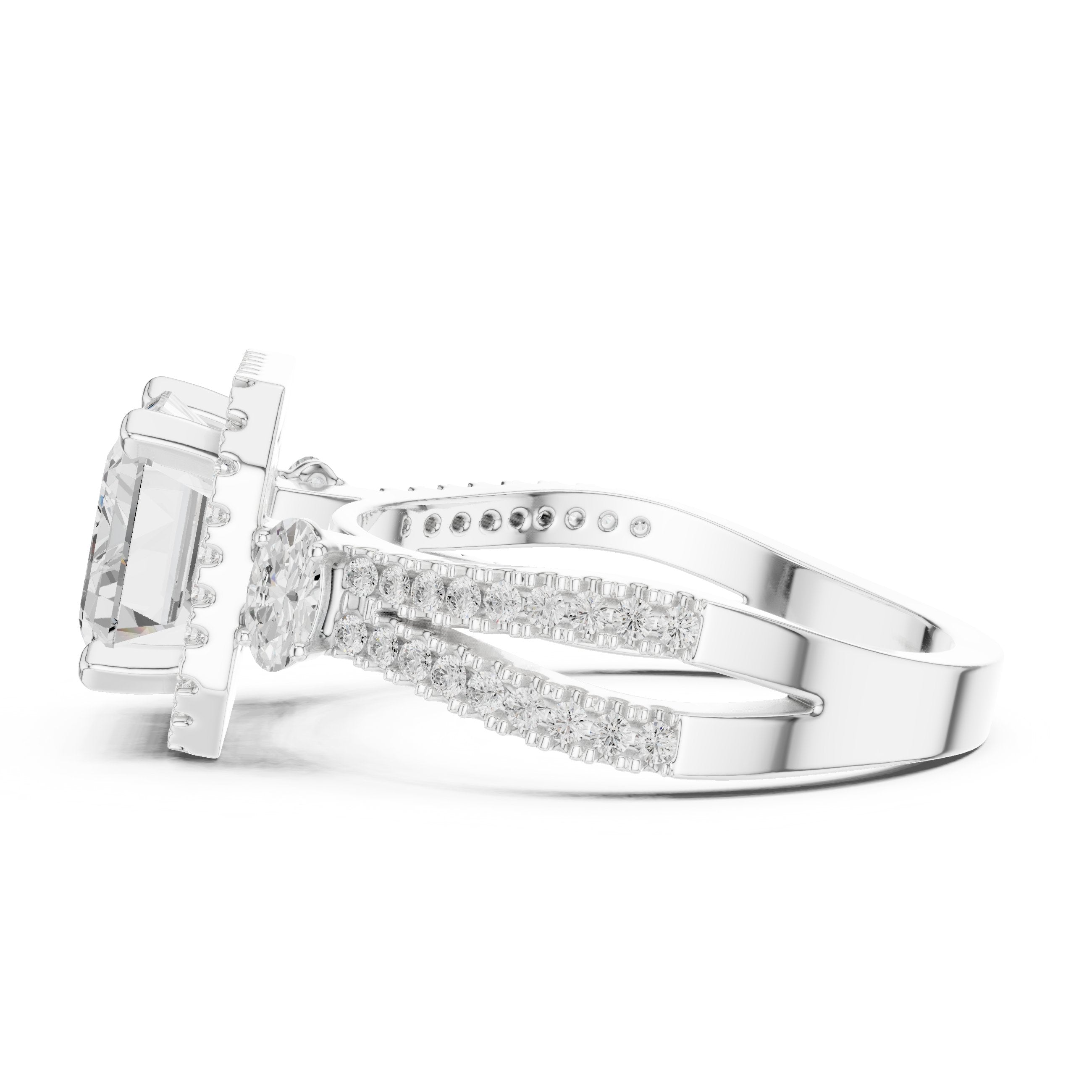 Emerald Cut Three Stone Halo Engagement Ring with Oval Sides and Split Shank Pavé Band in White Gold - VYKA Diamonds