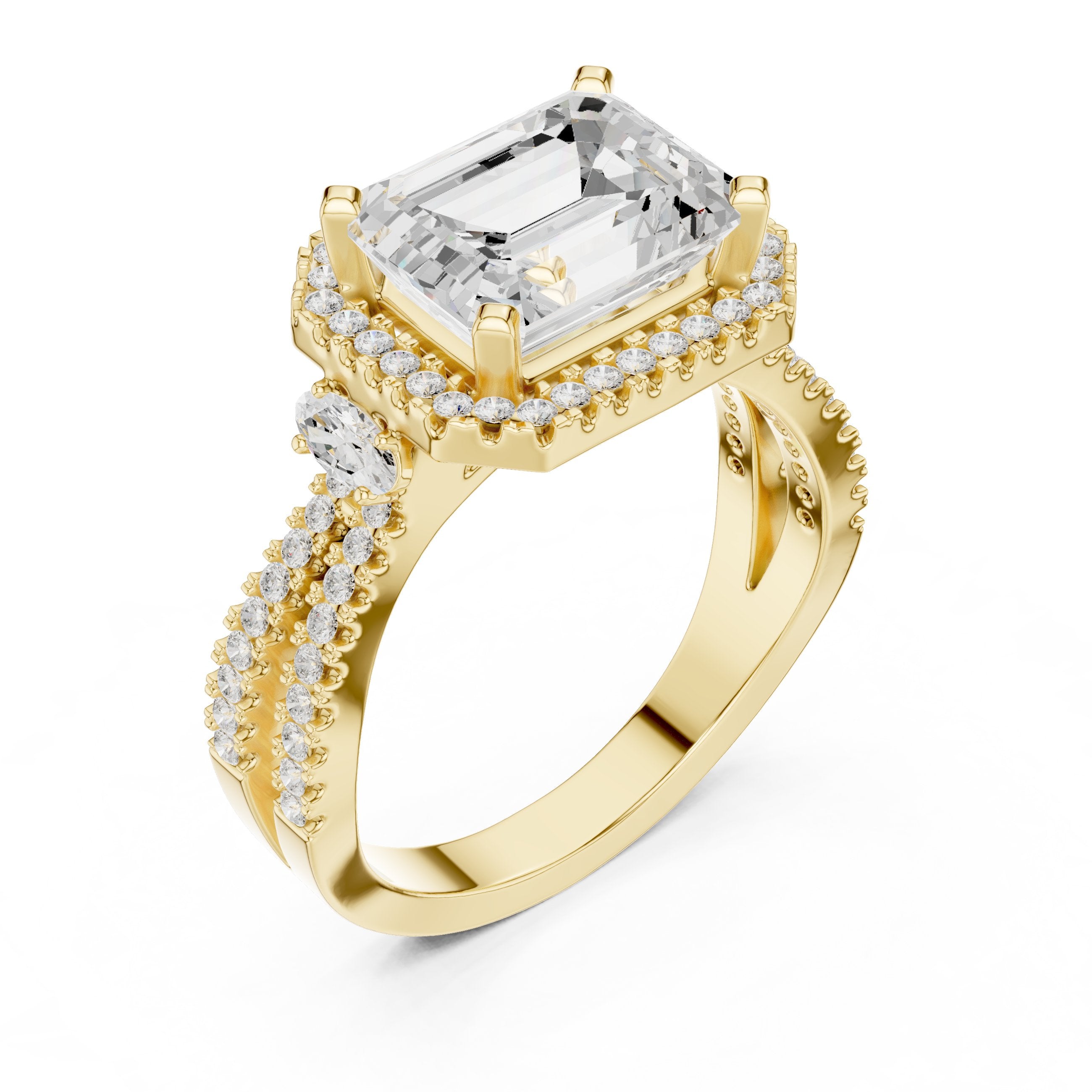 Emerald Cut Three Stone Halo Engagement Ring with Oval Sides and Split Shank Pavé Band in Yellow Gold - VYKA Diamonds