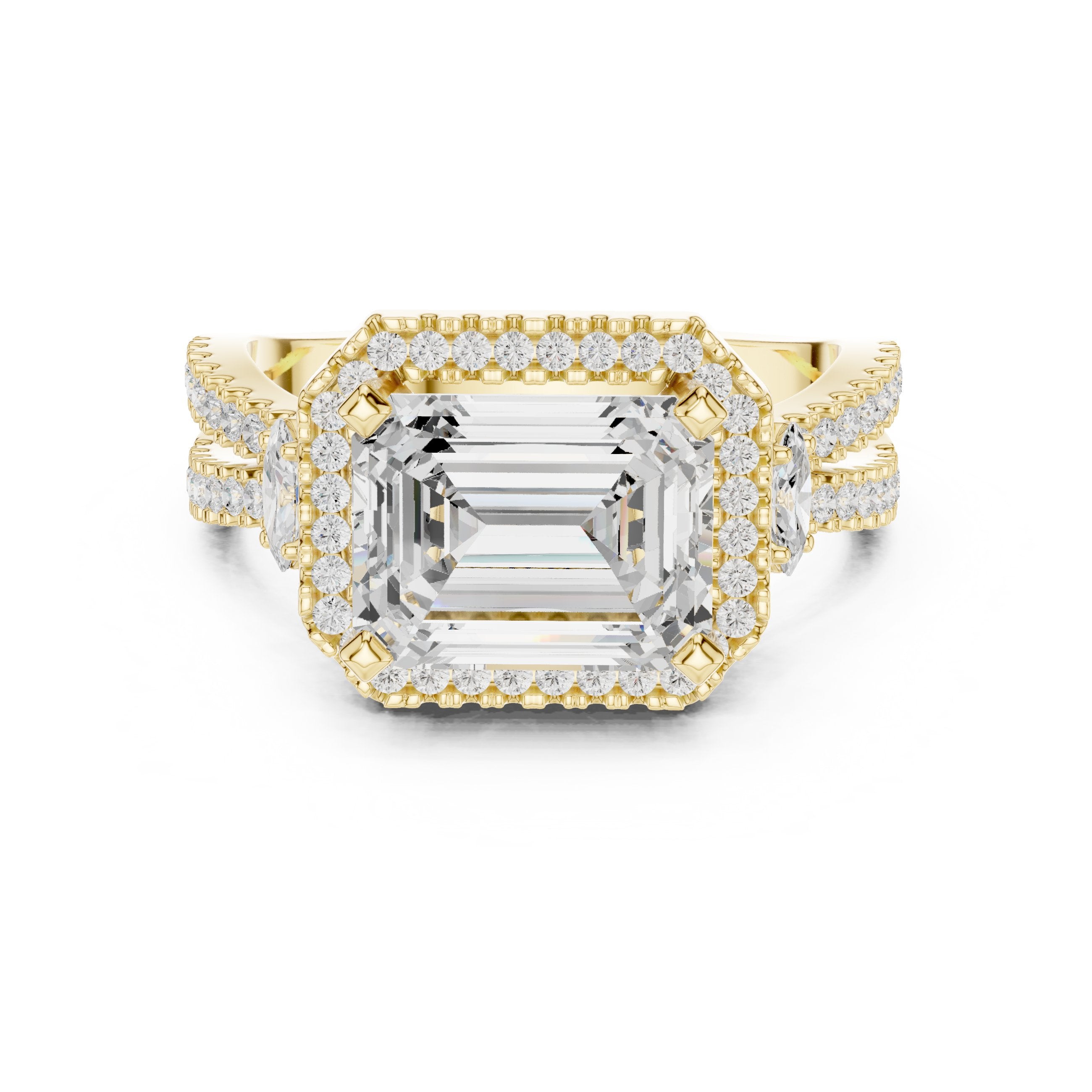 Emerald Cut Three Stone Halo Engagement Ring with Oval Sides and Split Shank Pavé Band in Yellow Gold - VYKA Diamonds