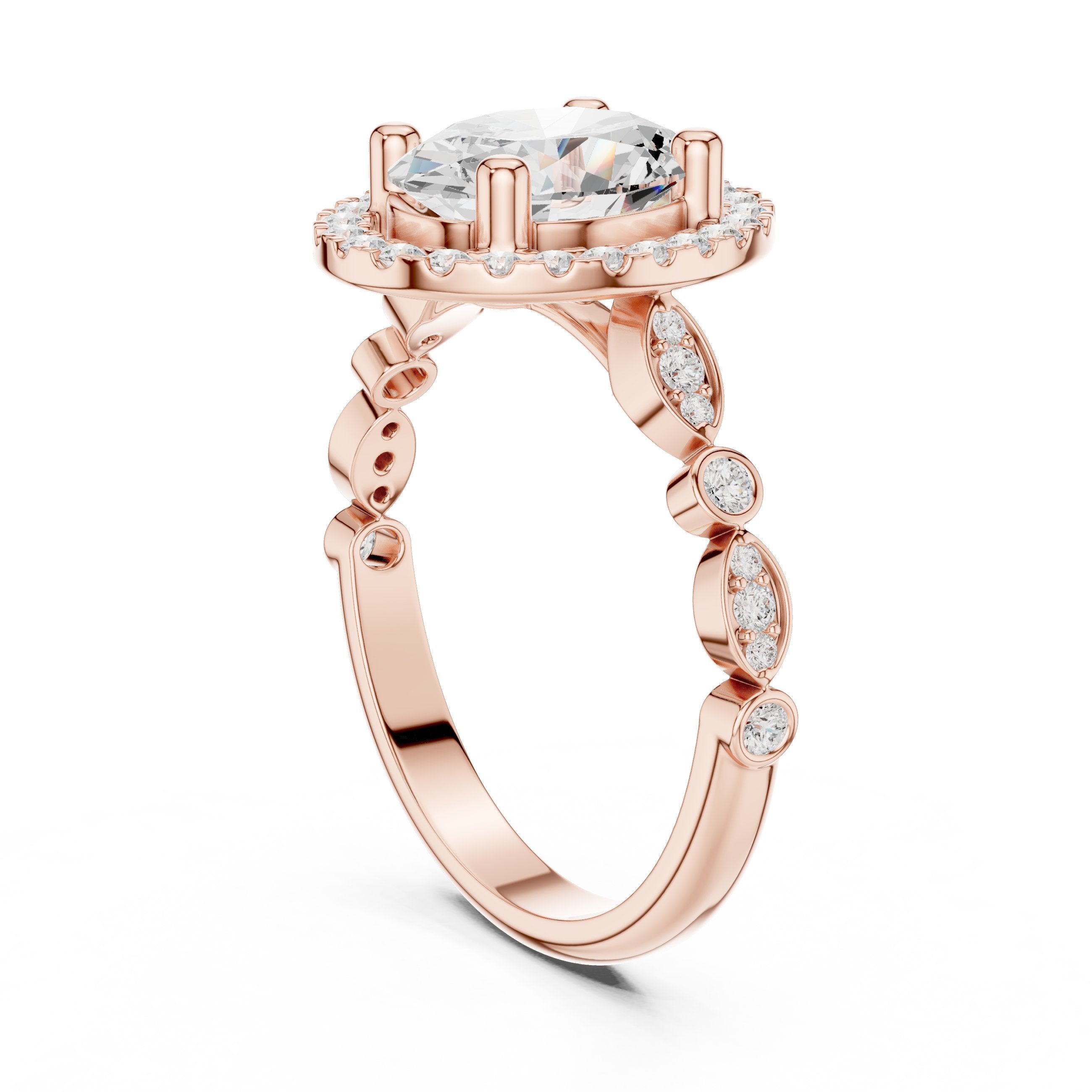 Oval Diamond Halo Engagement Ring with Bezel Side Accents in Rose Gold - VYKA Diamonds