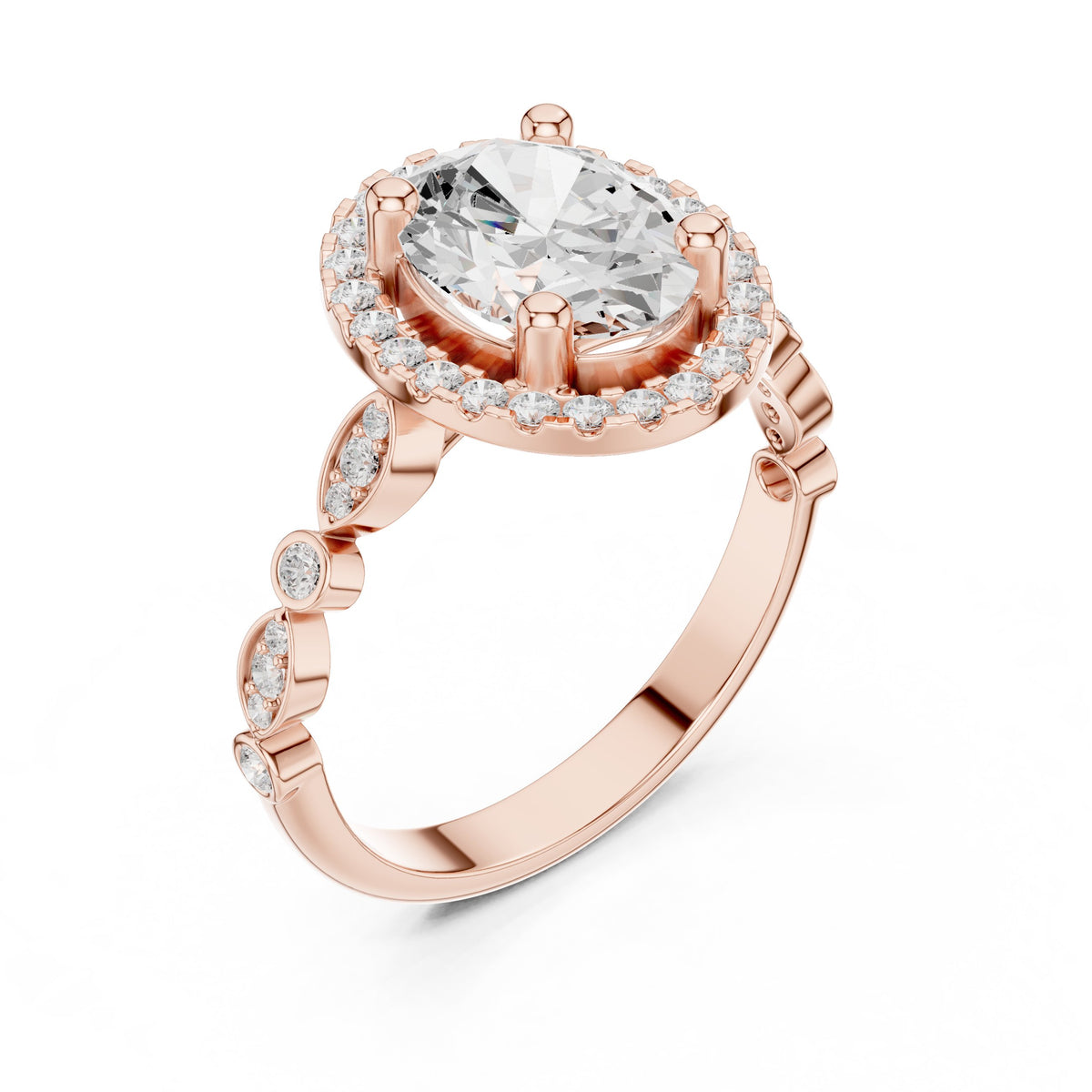 Oval Diamond Halo Engagement Ring with Bezel Side Accents