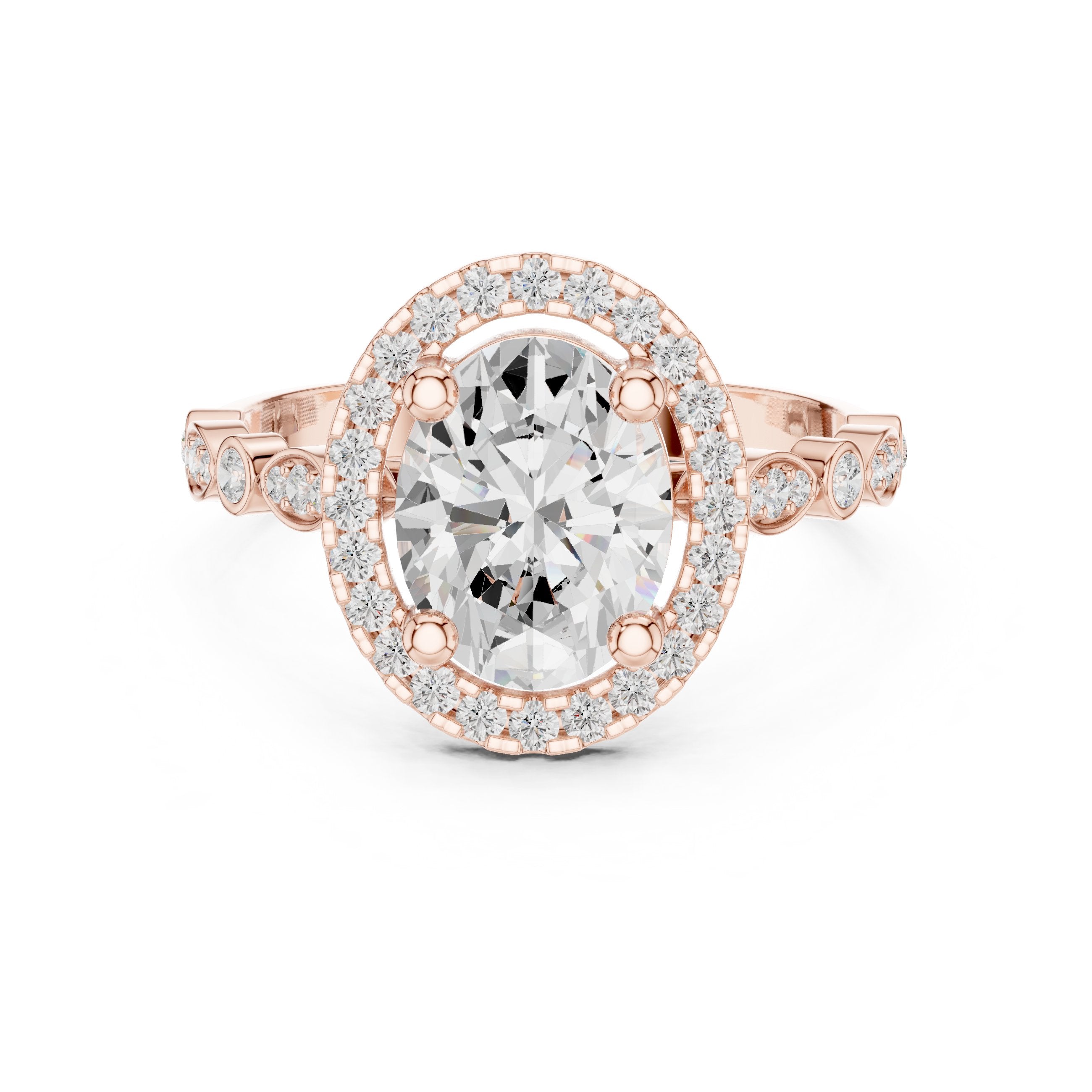 Oval Diamond Halo Engagement Ring with Bezel Side Accents in Rose Gold - VYKA Diamonds