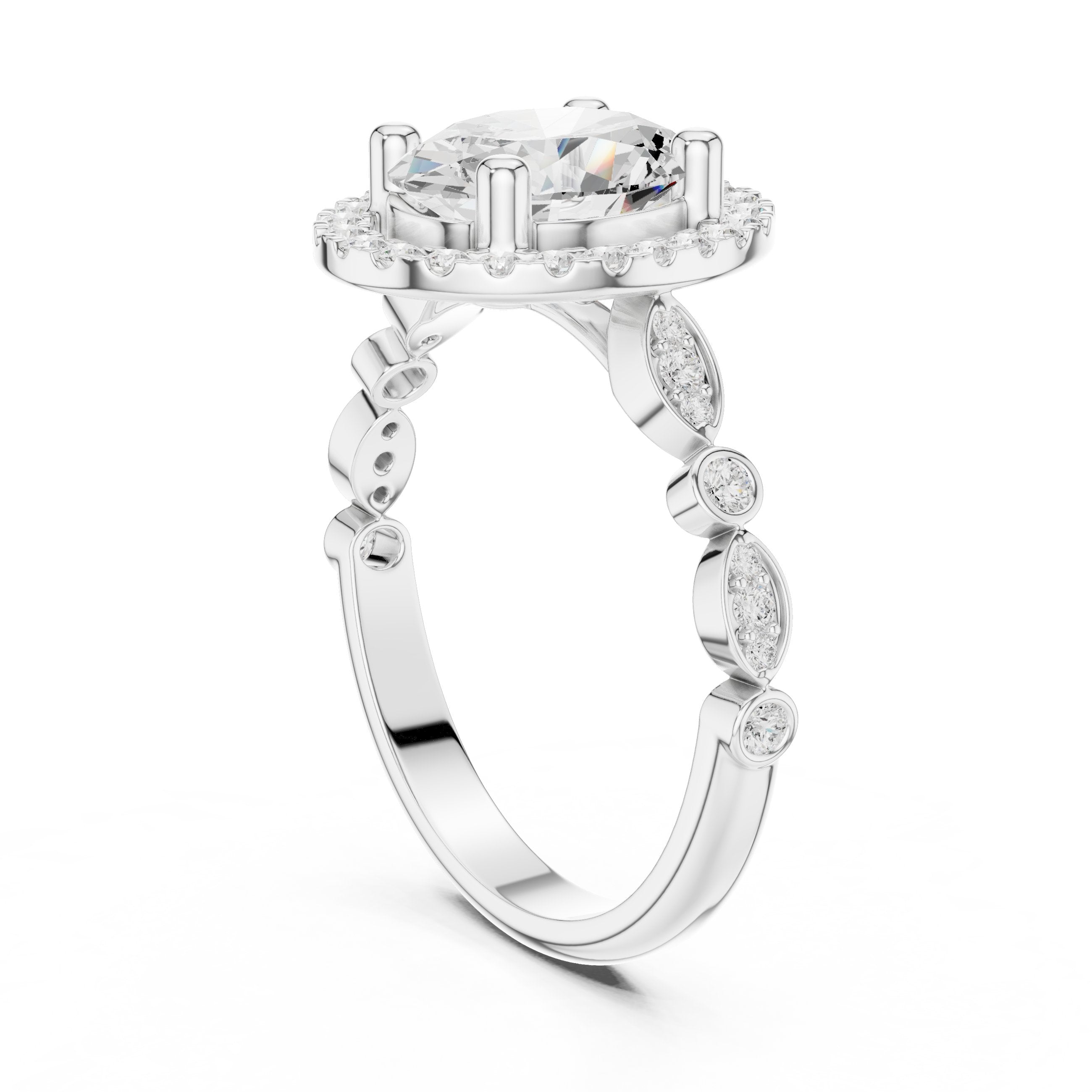 Oval Diamond Halo Engagement Ring with Bezel Side Accents in White Gold - VYKA Diamonds