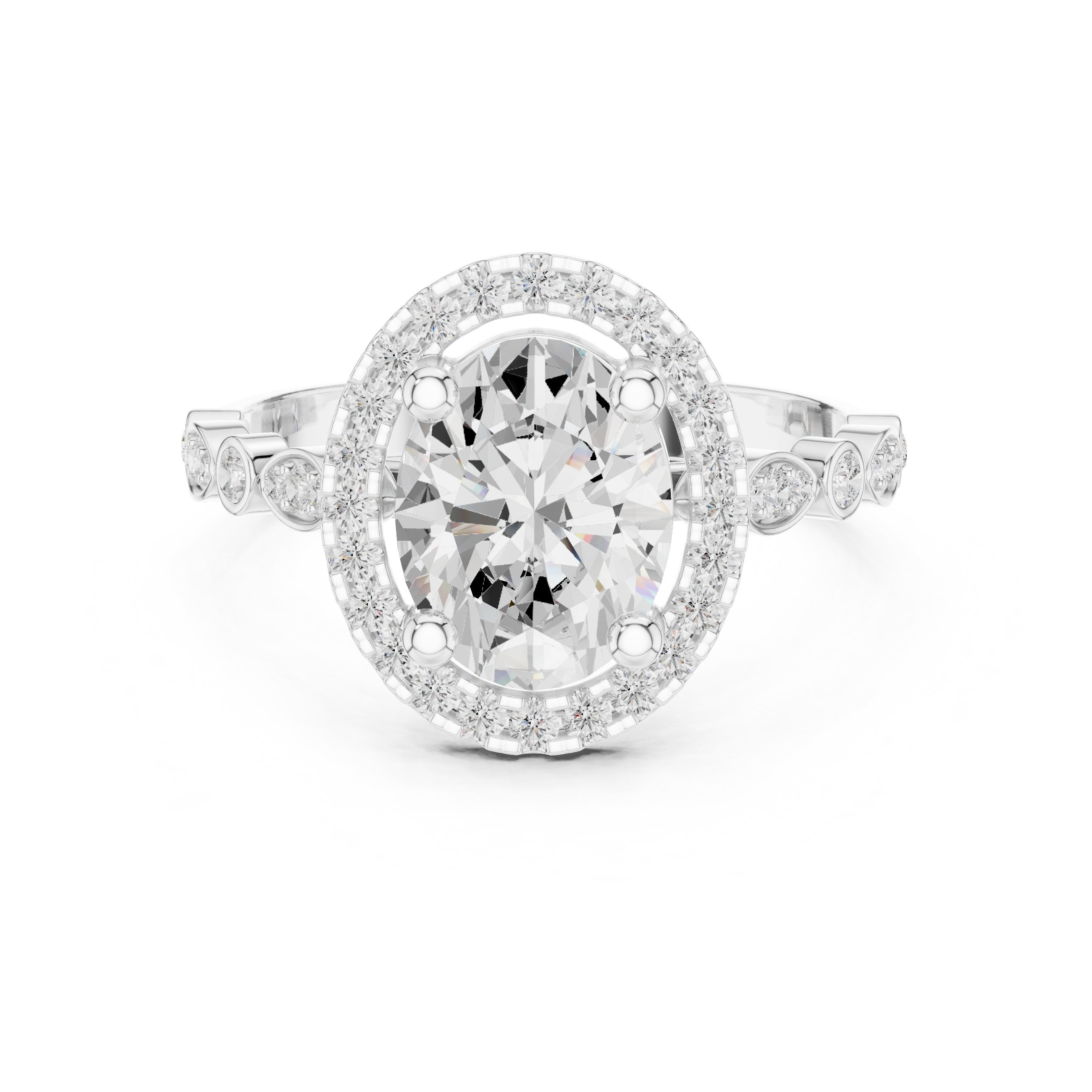 Oval Diamond Halo Engagement Ring with Bezel Side Accents in White Gold - VYKA Diamonds