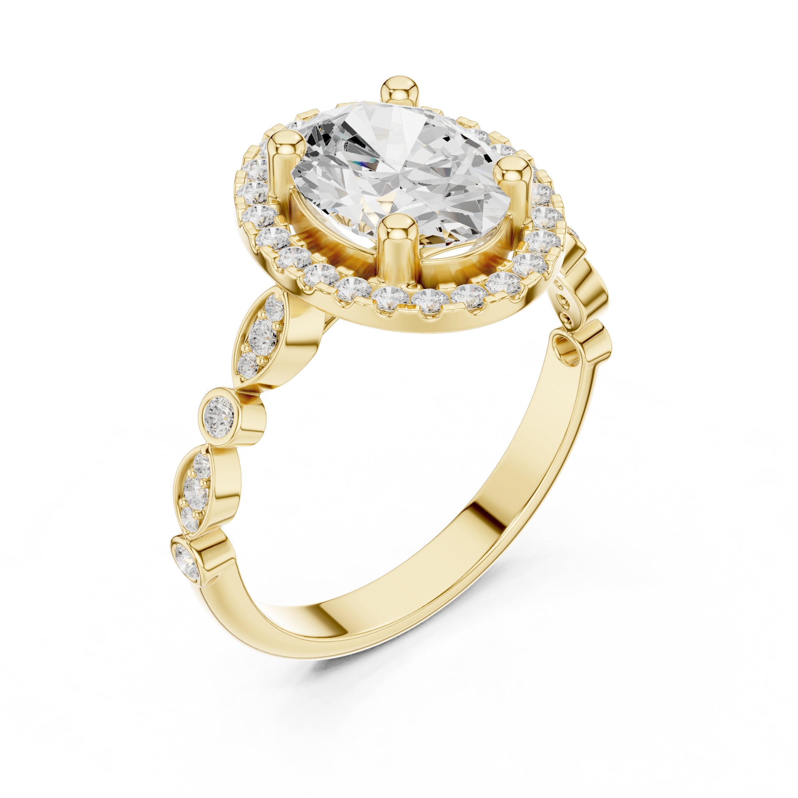 Oval Diamond Halo Engagement Ring with Bezel Side Accents in Yellow Gold - VYKA Diamonds