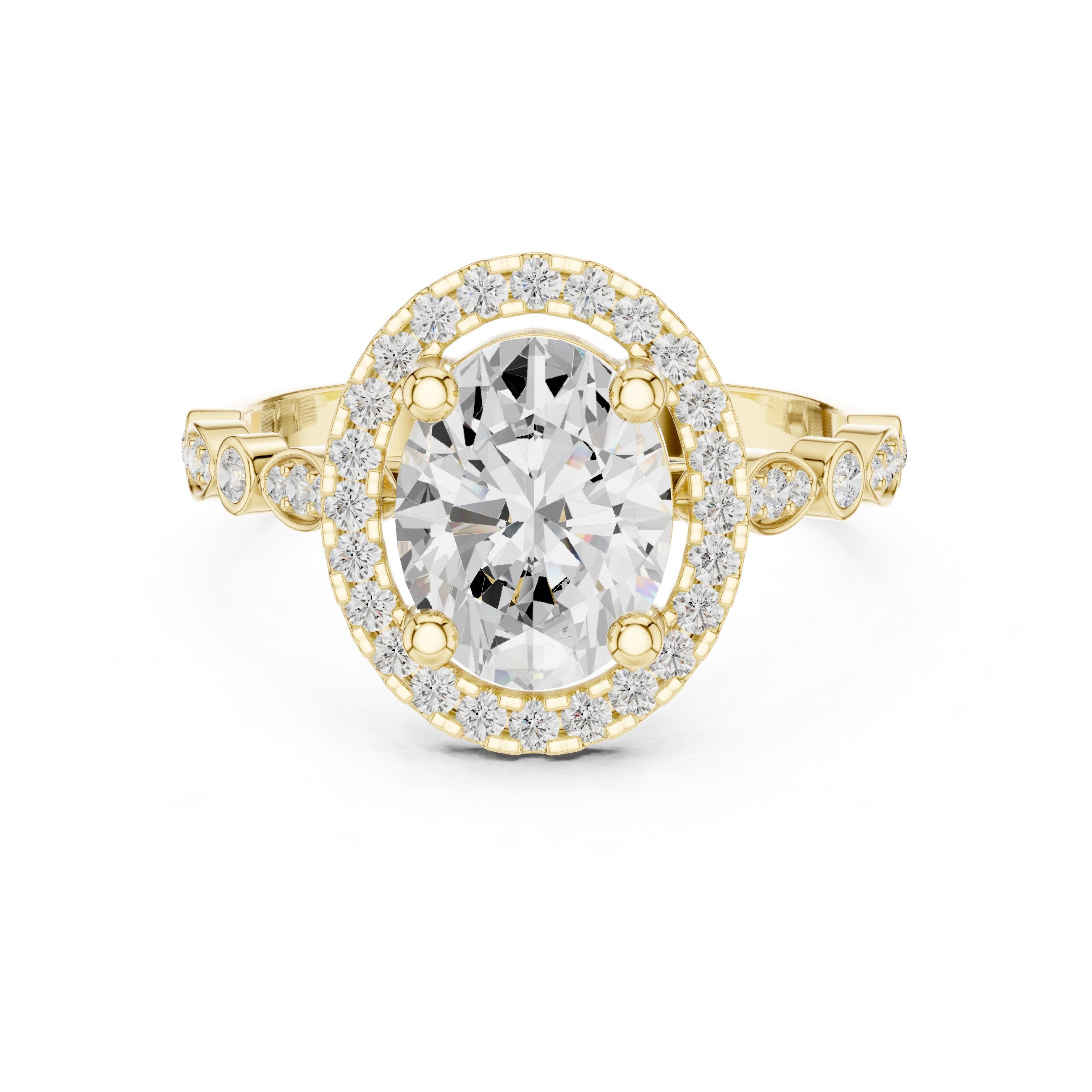 Oval Diamond Halo Engagement Ring with Bezel Side Accents in Yellow Gold - VYKA Diamonds