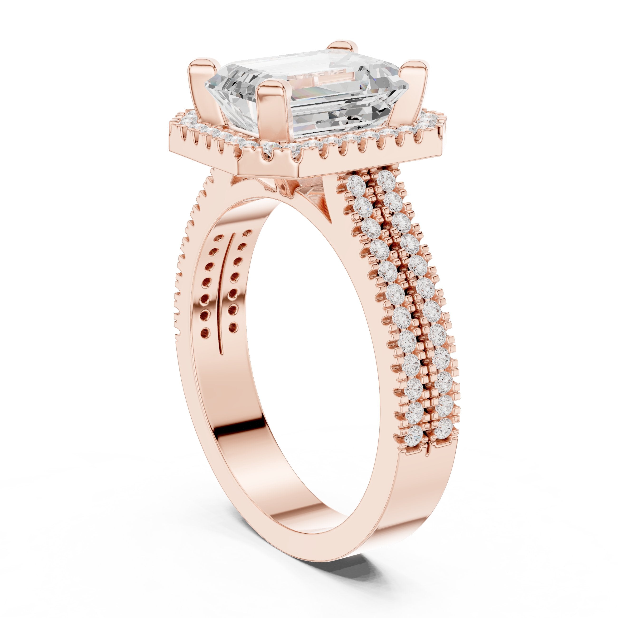 Emerald Cut Halo Engagement Ring with Split Shank Pavé Band in Rose Gold - VYKA Diamonds