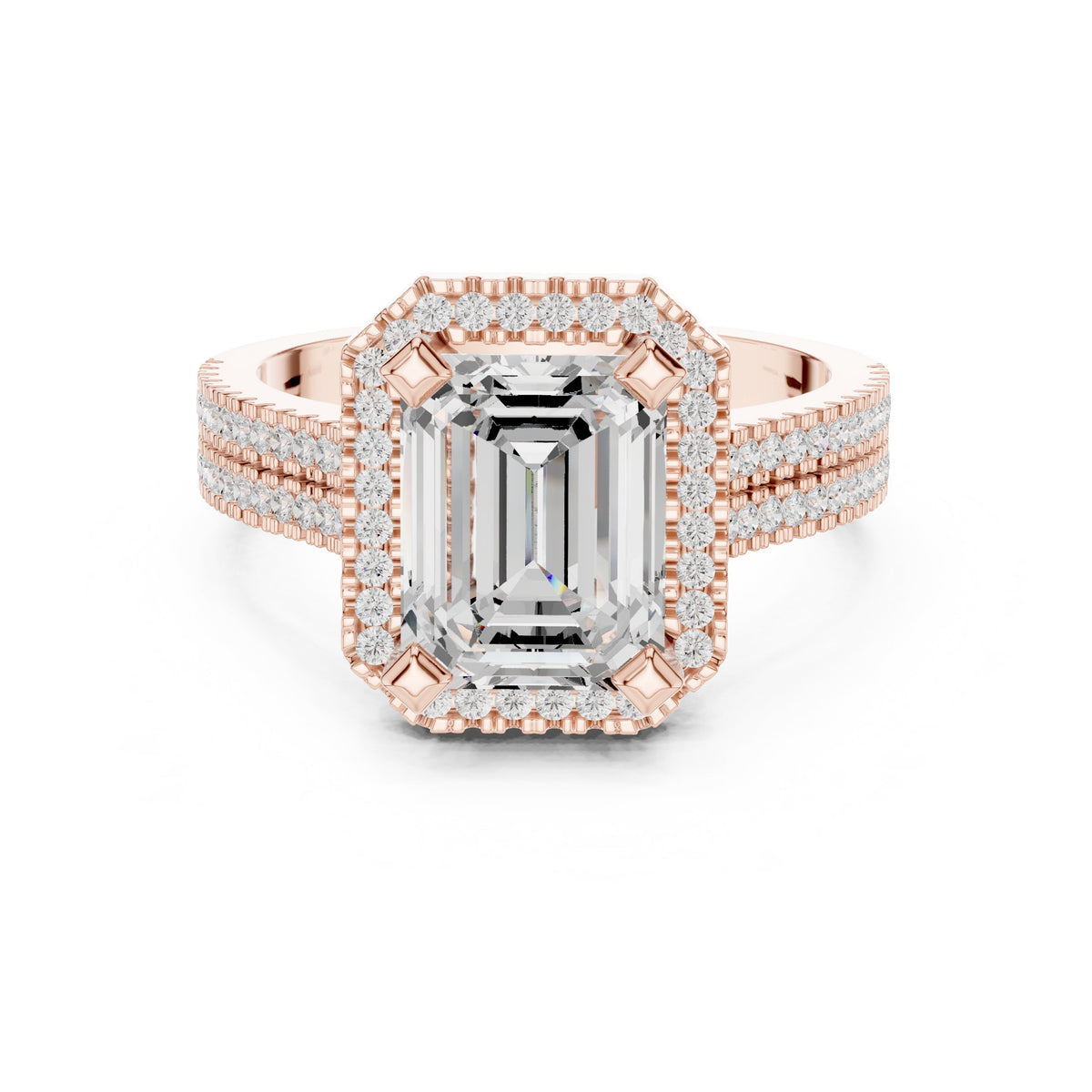 Emerald Cut Halo Engagement Ring with Split Shank Pavé Band