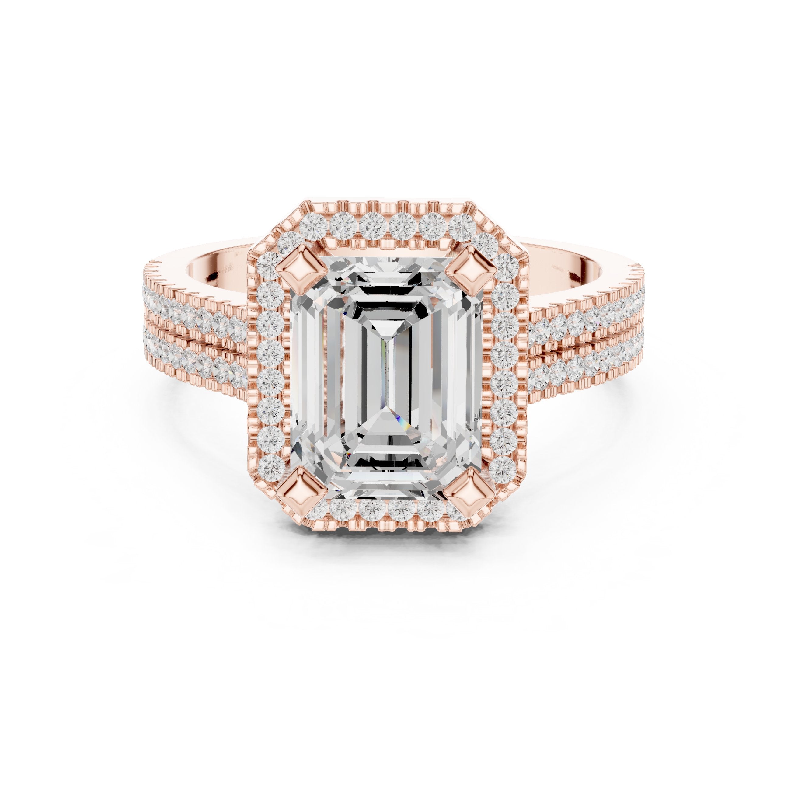 Emerald Cut Halo Engagement Ring with Split Shank Pavé Band in Rose Gold - VYKA Diamonds