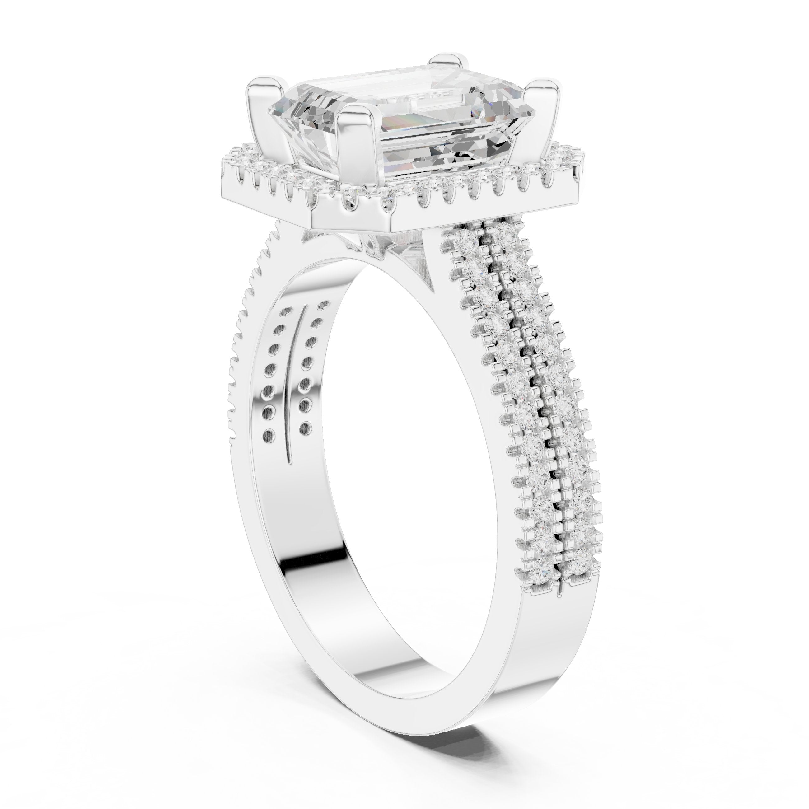 Emerald Cut Halo Engagement Ring with Split Shank Pavé Band in White Gold - VYKA Diamonds