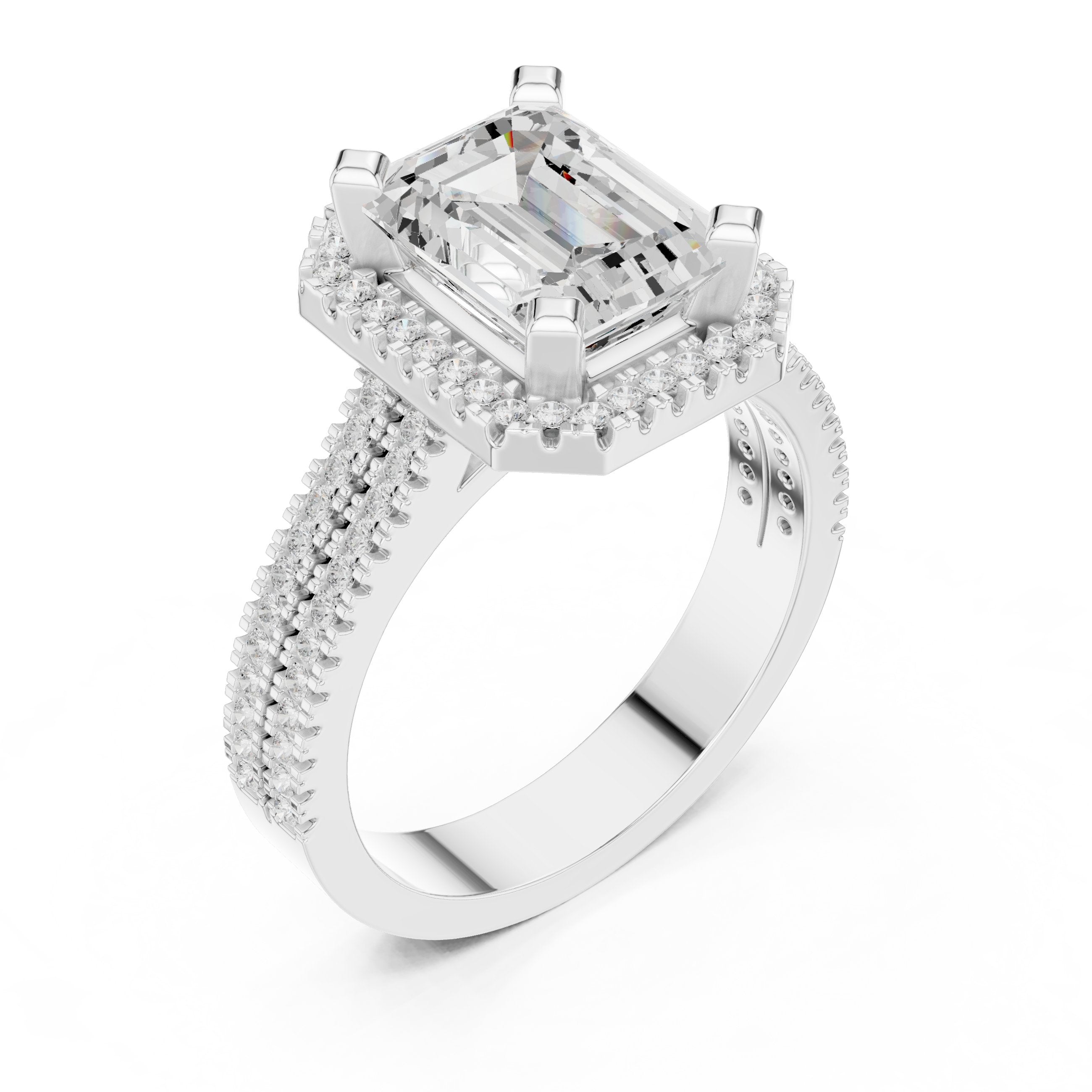 Emerald Cut Halo Engagement Ring with Split Shank Pavé Band in White Gold - VYKA Diamonds