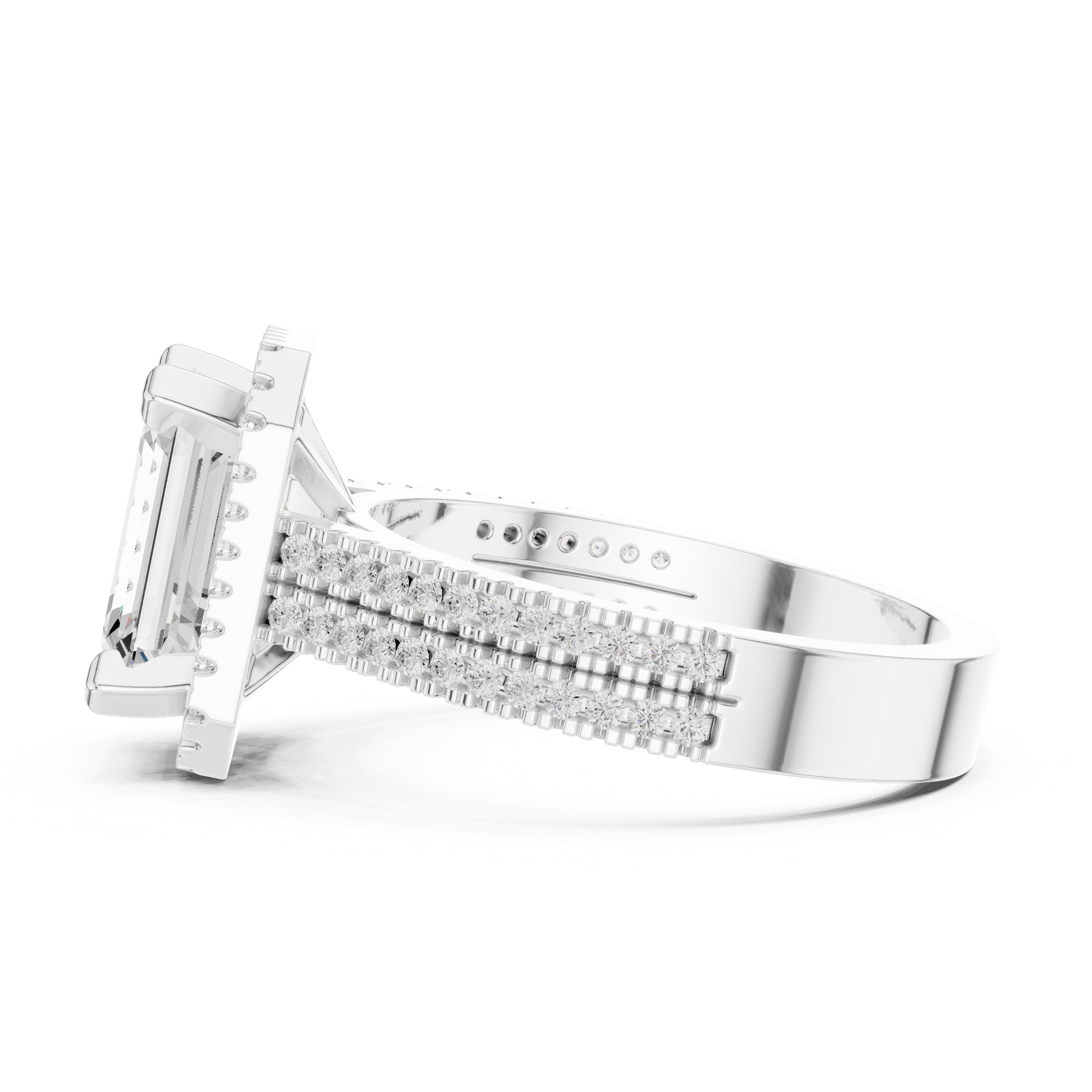 Emerald Cut Halo Engagement Ring with Split Shank Pavé Band in White Gold - VYKA Diamonds