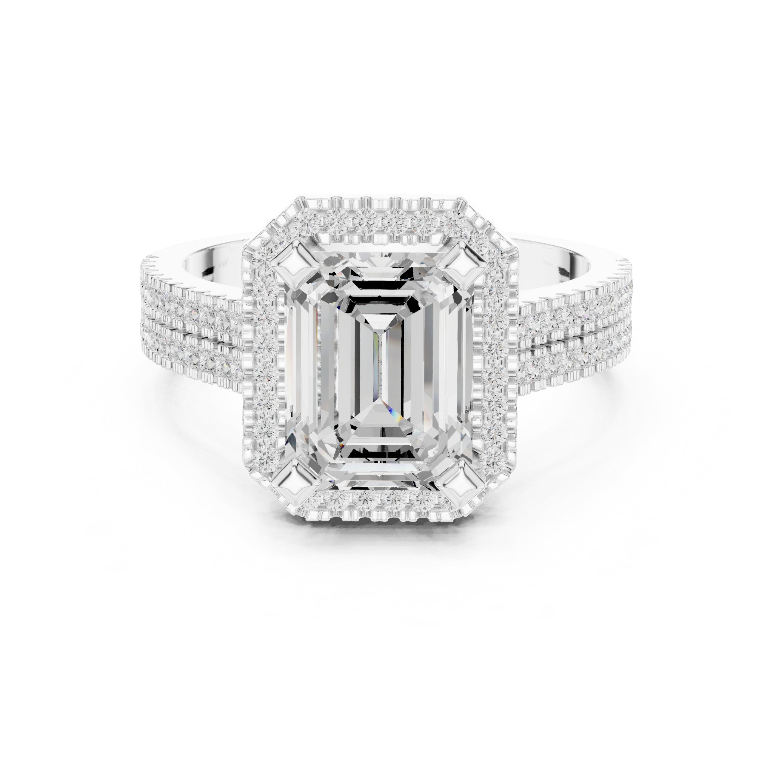 Emerald Cut Halo Engagement Ring with Split Shank Pavé Band in White Gold - VYKA Diamonds