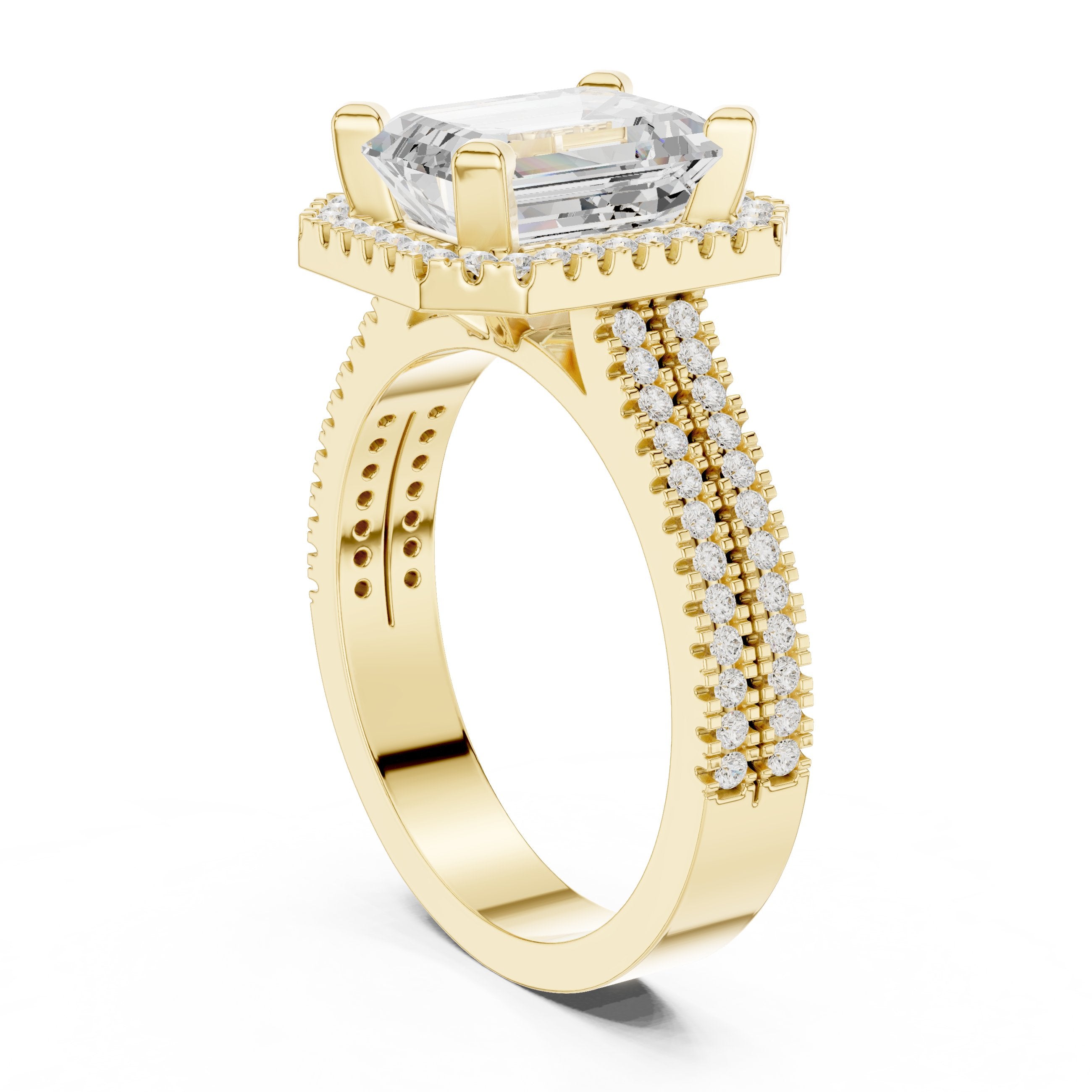Emerald Cut Halo Engagement Ring with Split Shank Pavé Band in Yellow Gold - VYKA Diamonds