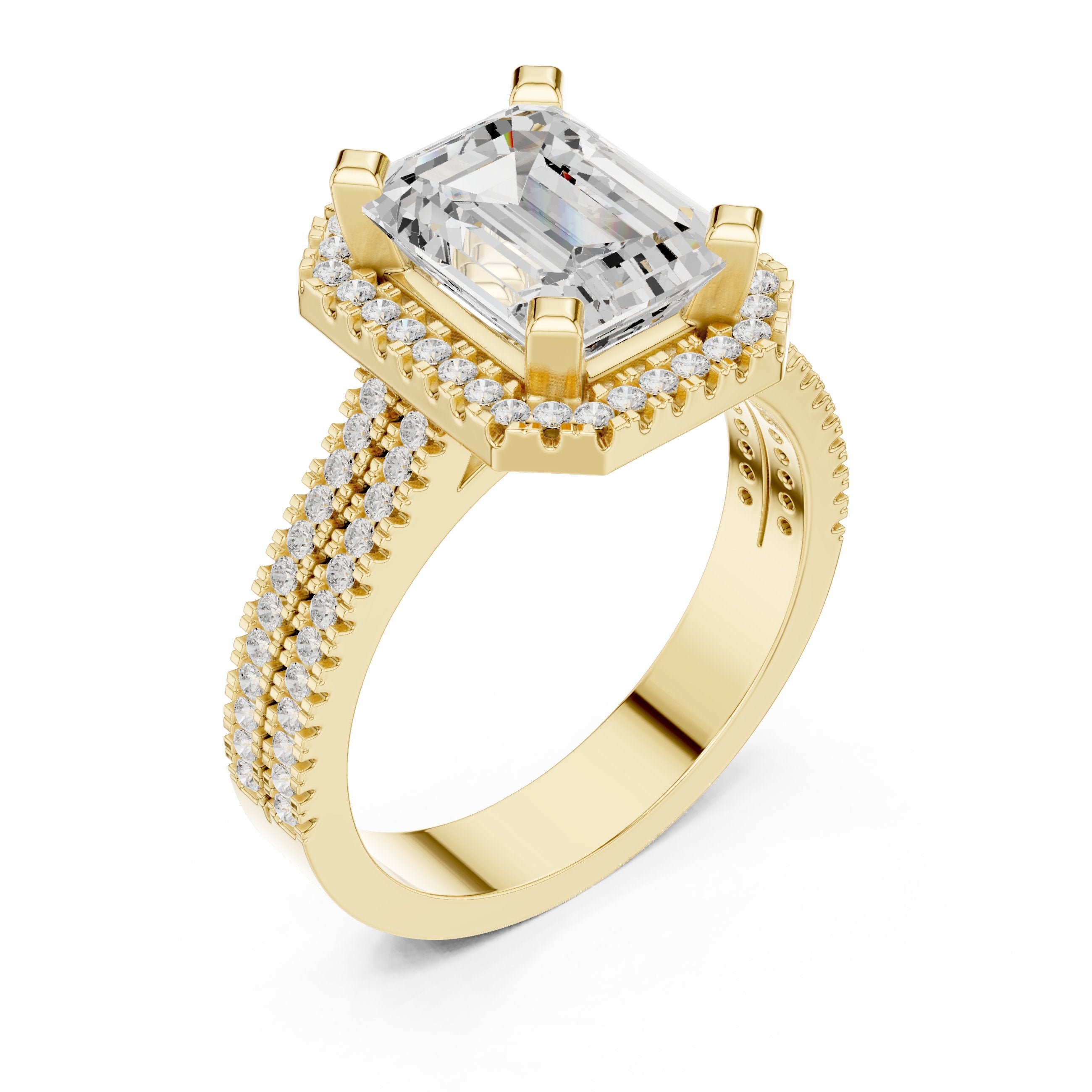 Emerald Cut Halo Engagement Ring with Split Shank Pavé Band in Yellow Gold - VYKA Diamonds