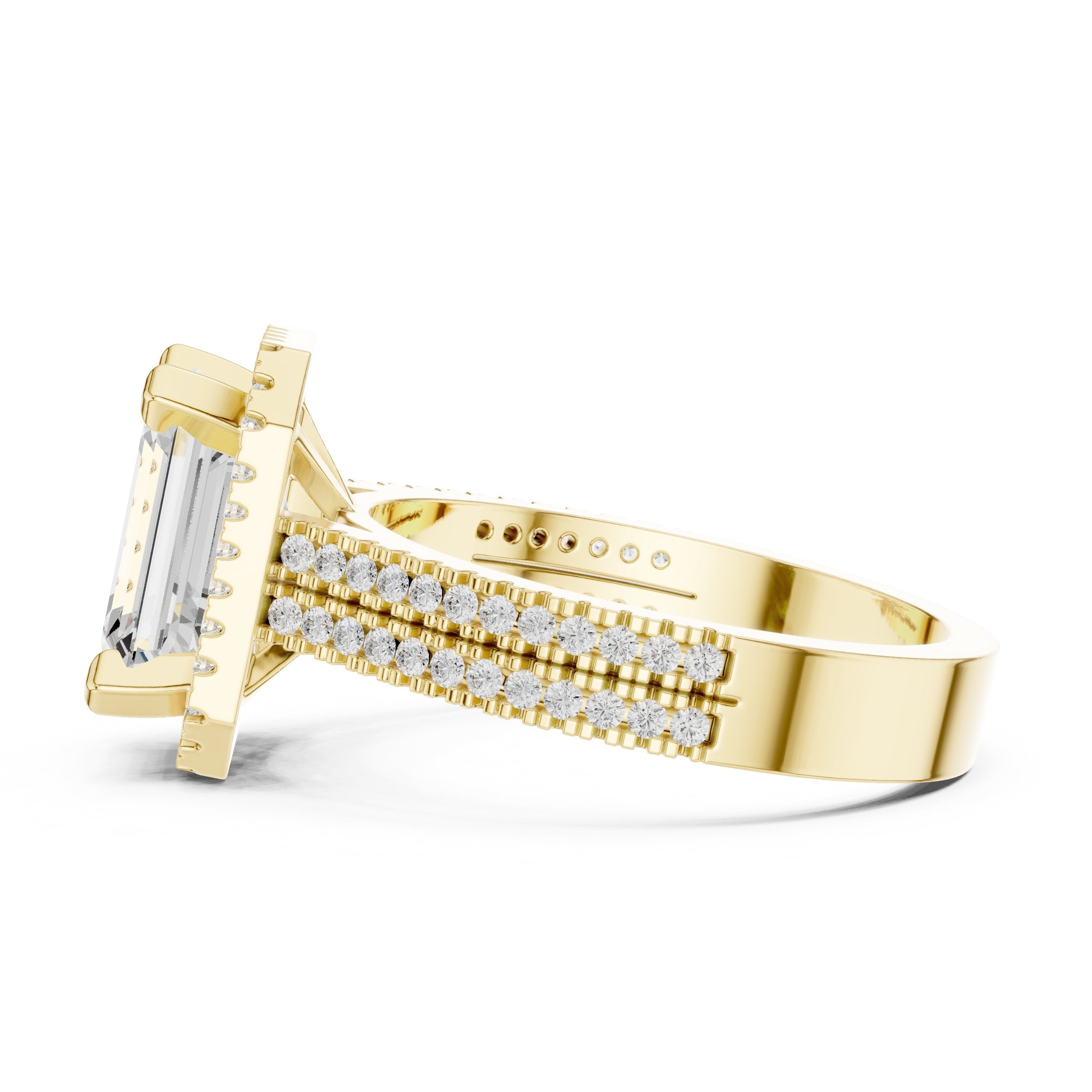 Emerald Cut Halo Engagement Ring with Split Shank Pavé Band in Yellow Gold - VYKA Diamonds
