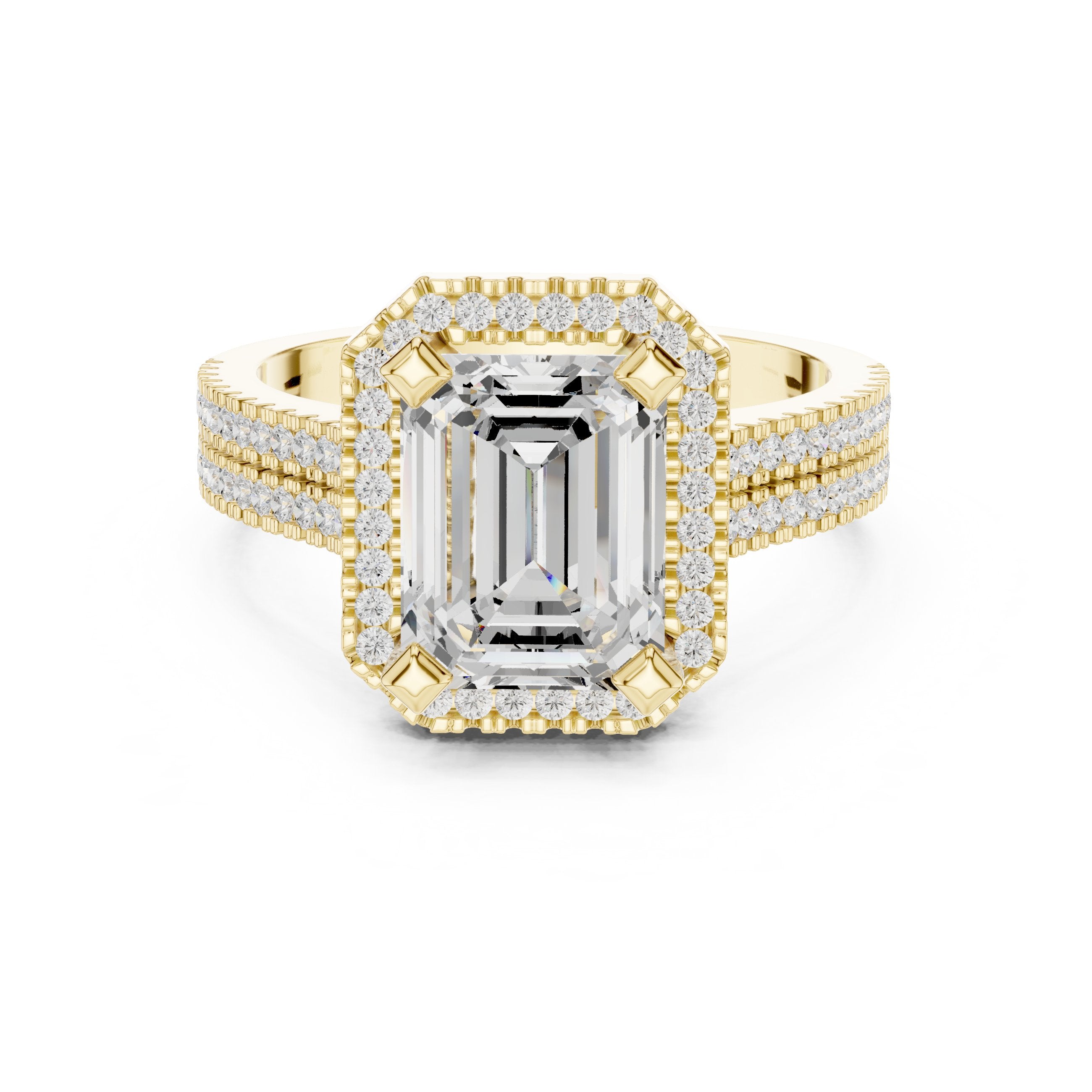 Emerald Cut Halo Engagement Ring with Split Shank Pavé Band in Yellow Gold - VYKA Diamonds