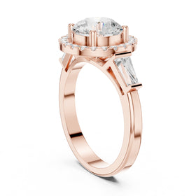 Round Diamond Halo Three Stone Engagement Ring with Baguette Sides