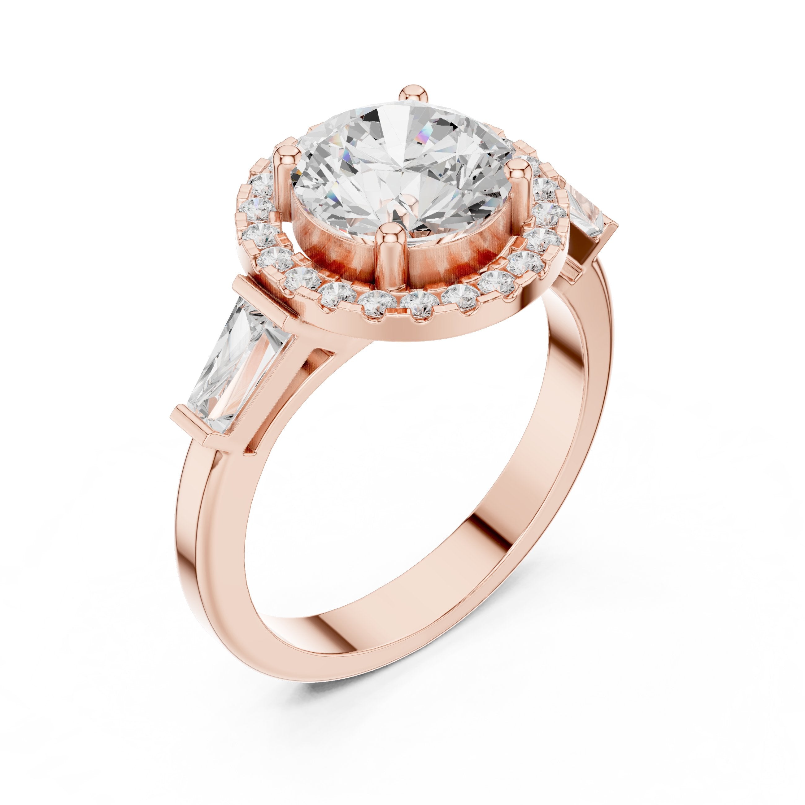 Round Diamond Halo Three Stone Engagement Ring with Baguette Sides in Rose Gold - VYKA Diamonds