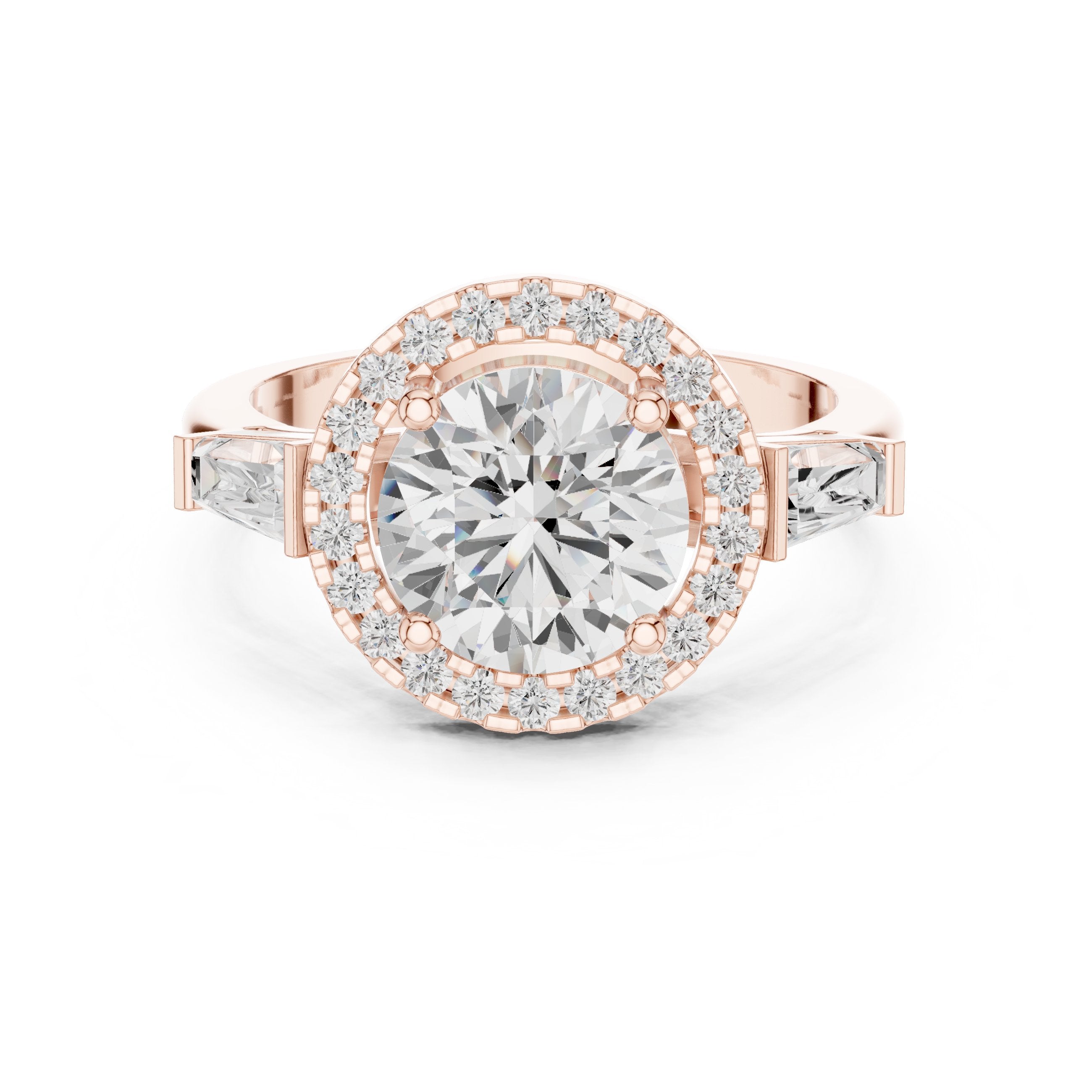 Round Diamond Halo Three Stone Engagement Ring with Baguette Sides in Rose Gold - VYKA Diamonds