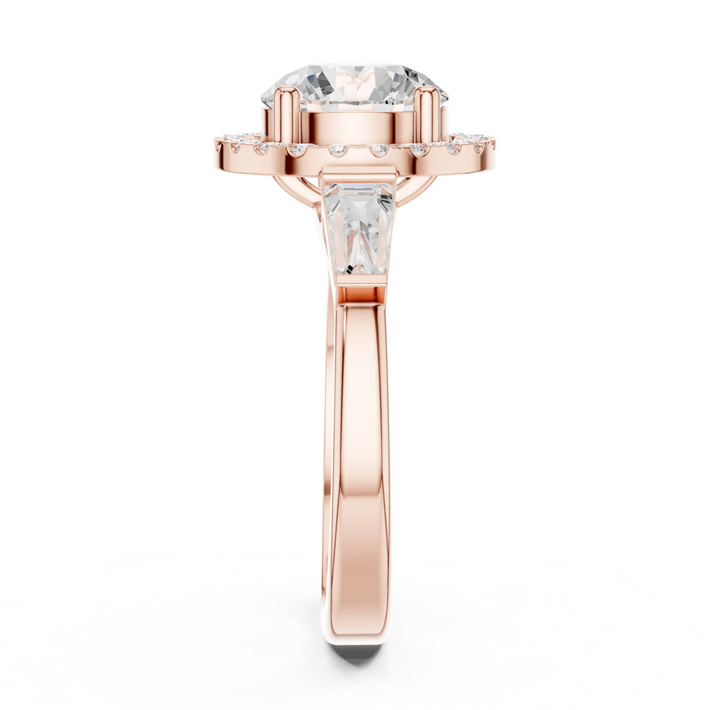 Round Diamond Halo Three Stone Engagement Ring with Baguette Sides