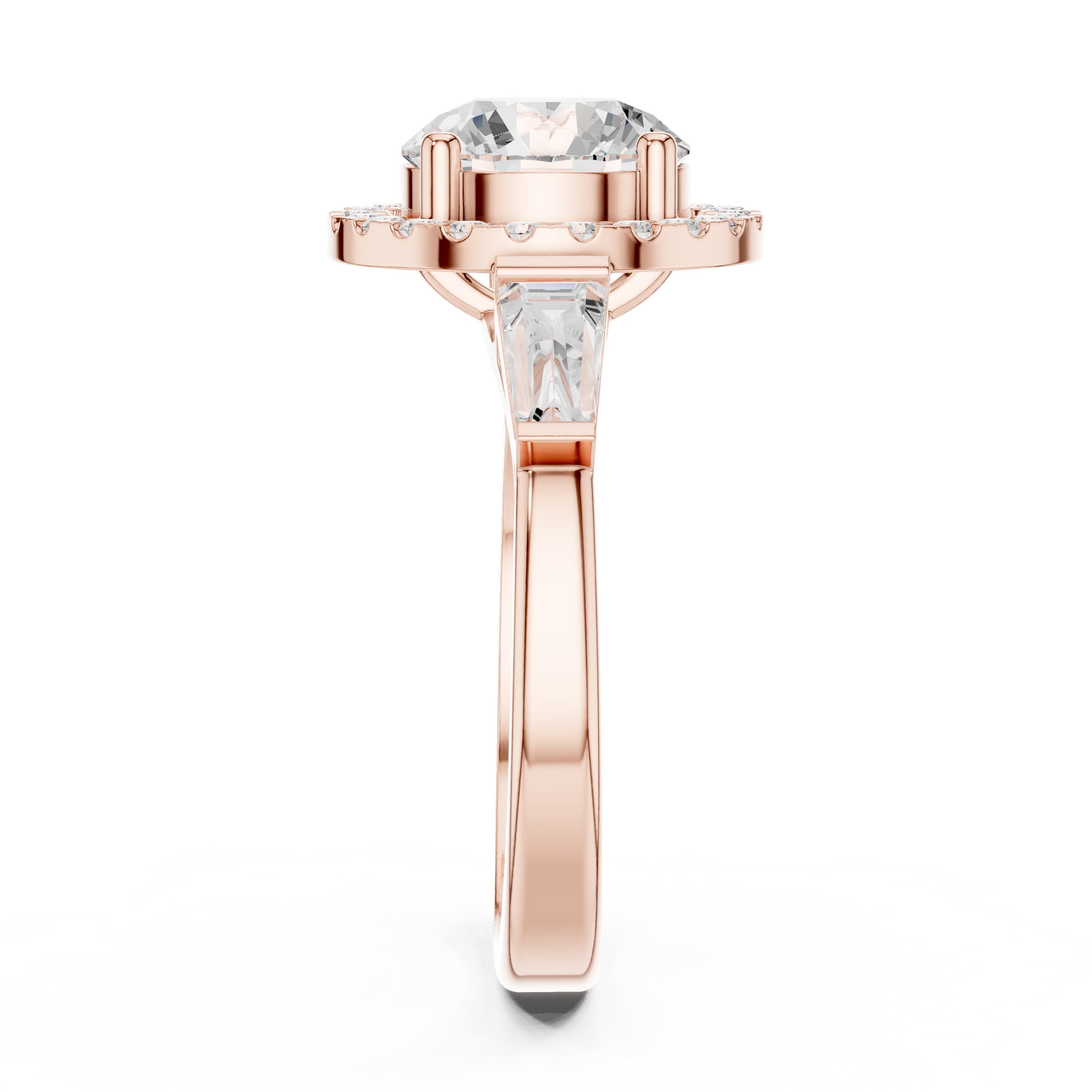 Round Diamond Halo Three Stone Engagement Ring with Baguette Sides