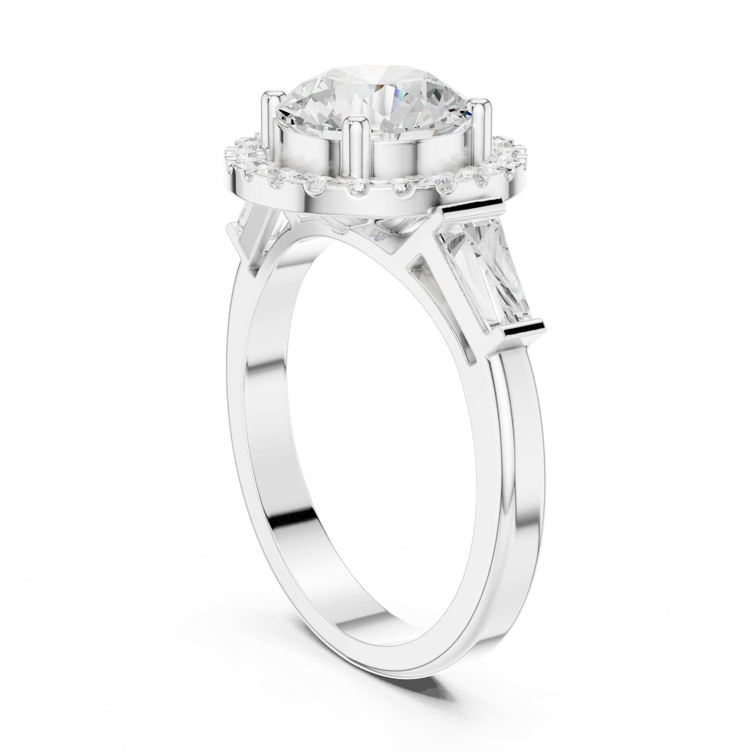 Round Diamond Halo Three Stone Engagement Ring with Baguette Sides in White Gold - VYKA Diamonds